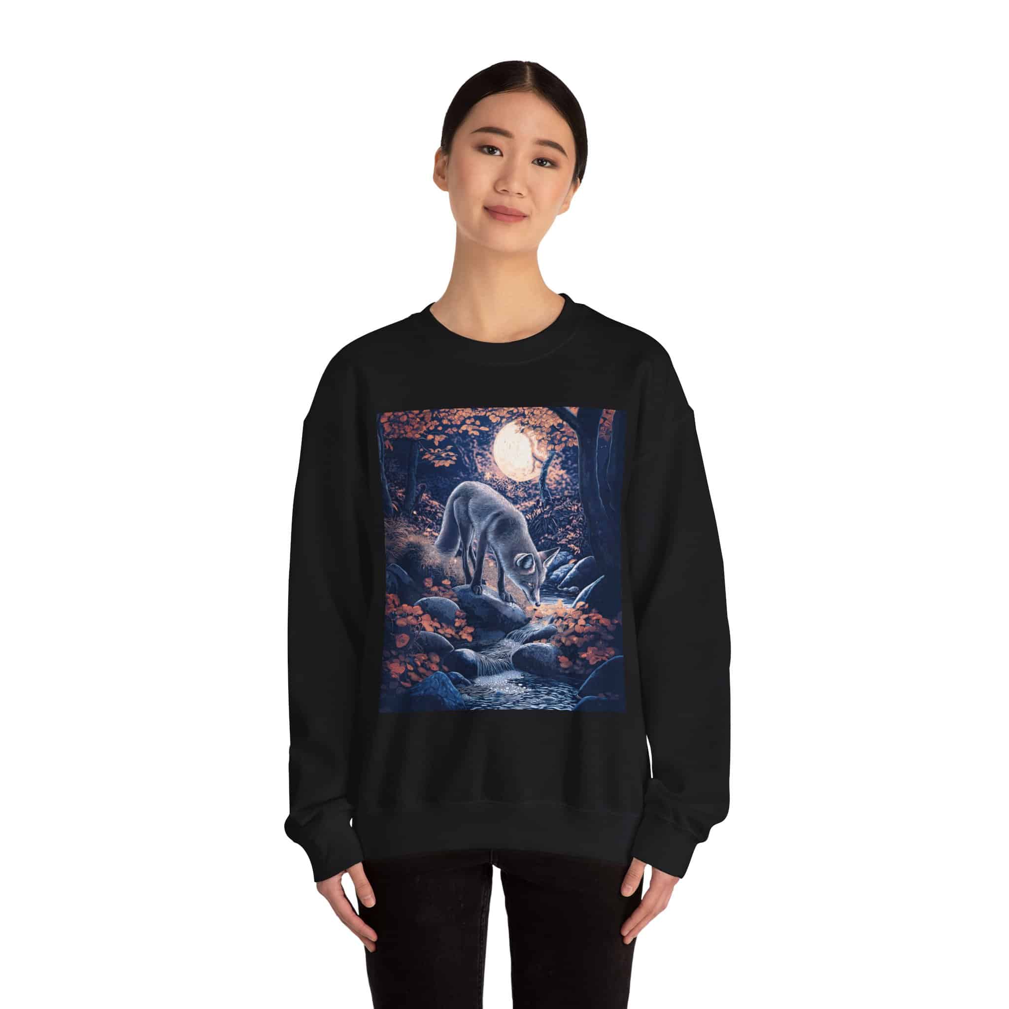 Fox By Stream At Moonlight by Wyldesigns Unisex Heavy Blend™ Crewneck Sweatshirt - Image 6