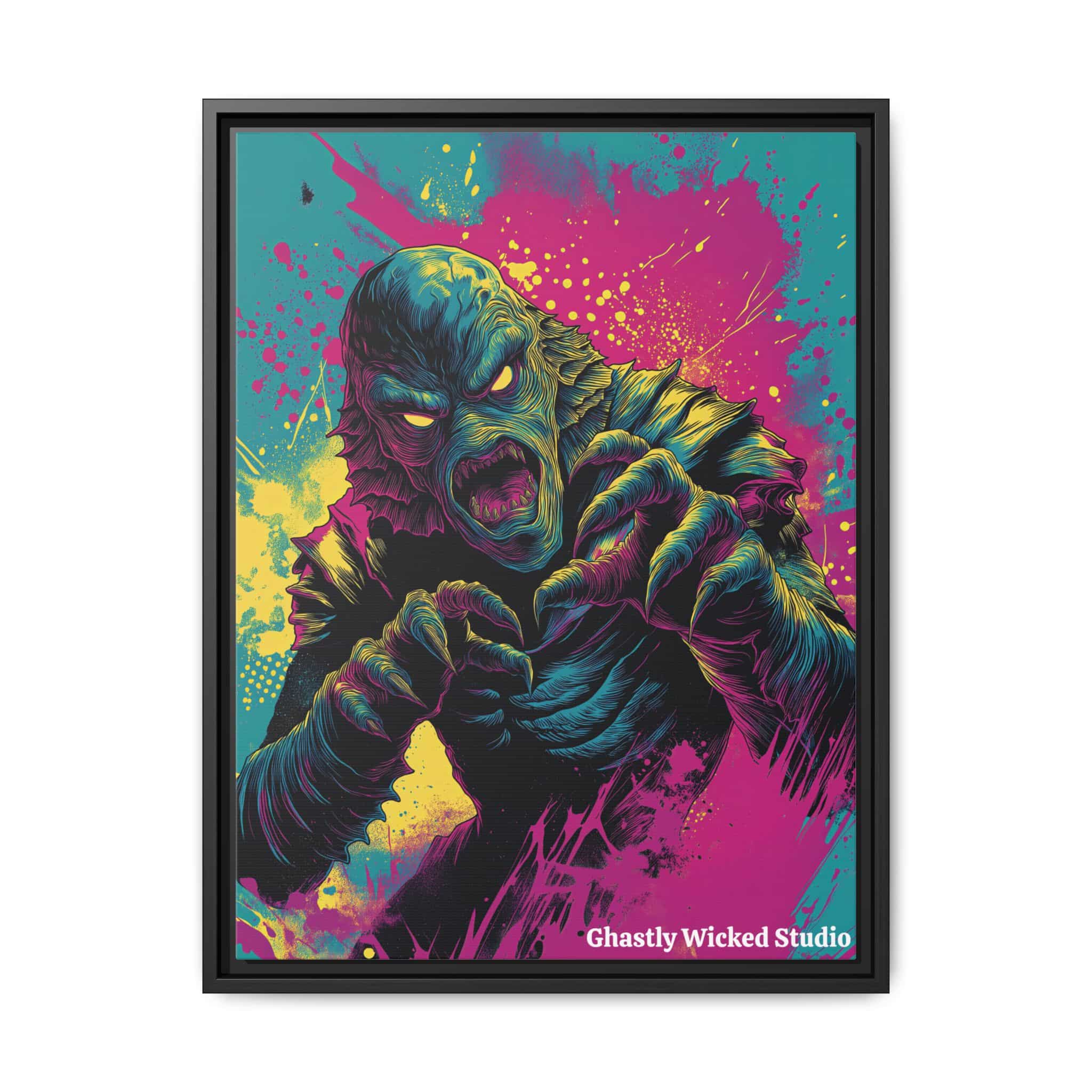 Creature From The Deep Pop 60’s Art Style Matte Canvas, Black Frame Halloween - Image 7