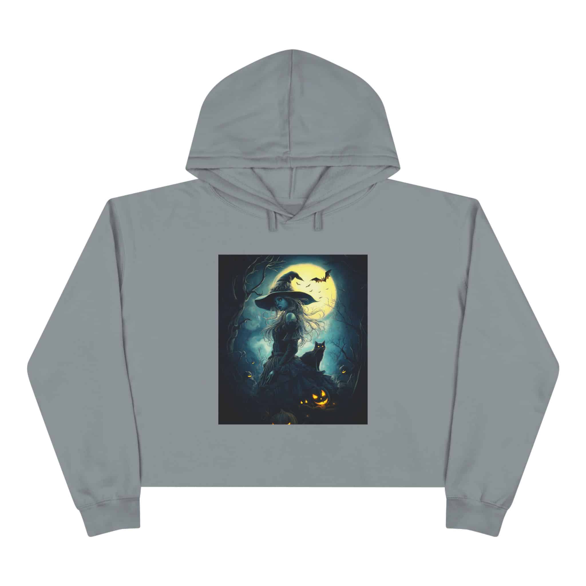 Witch With Black Cat By Moonlight #MJ-W001 Woman's Crop Hoodie - Image 10