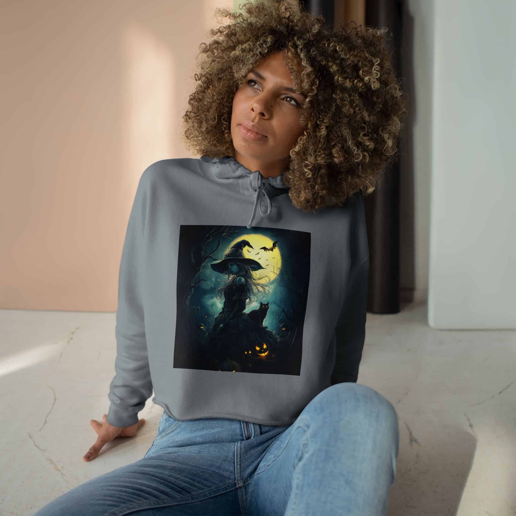 Witch With Black Cat By Moonlight #MJ-W001 Woman's Crop Hoodie - Image 12