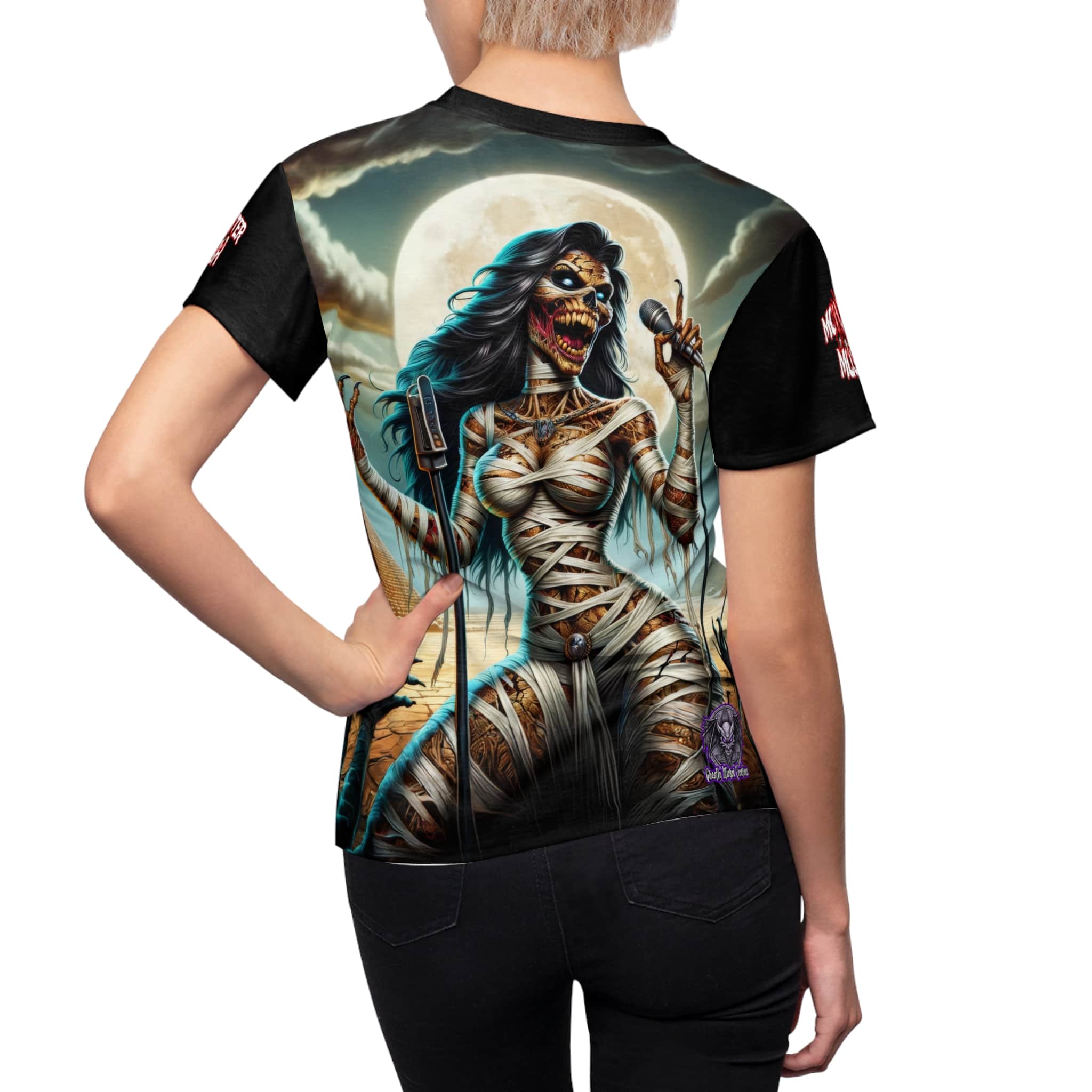 Monster Mosh 2024 Tour Mummy Goddess Singer #MM-D-MG02 Women's Cut & Sew Tee (AOP) - Black or Pink Sleeves - Image 5