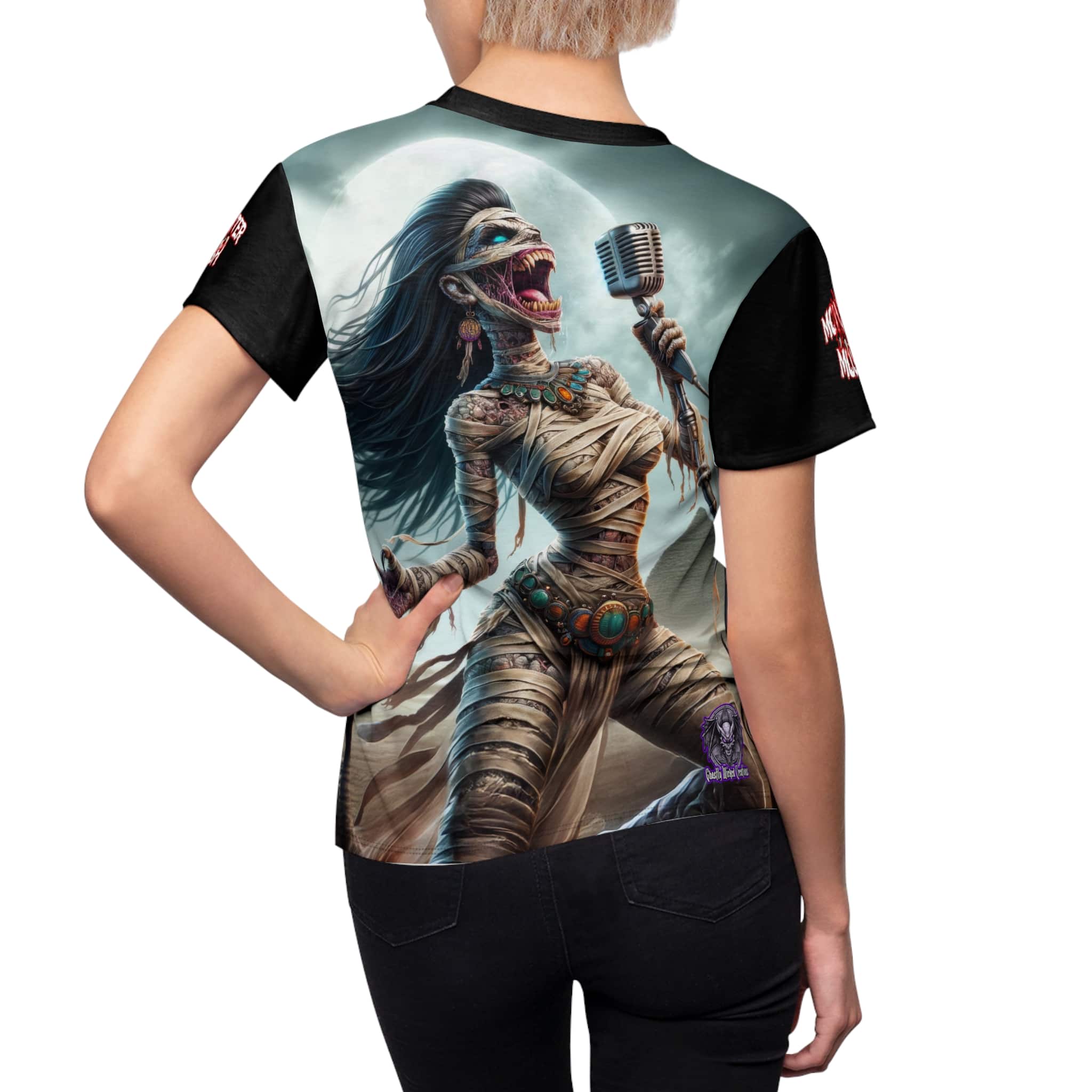 Monster Mosh 2024 Tour Mummy Goddess Singer #MM-D-MG01 Women's Cut & Sew Tee (AOP) - Black or Pink Sleeves - Image 5