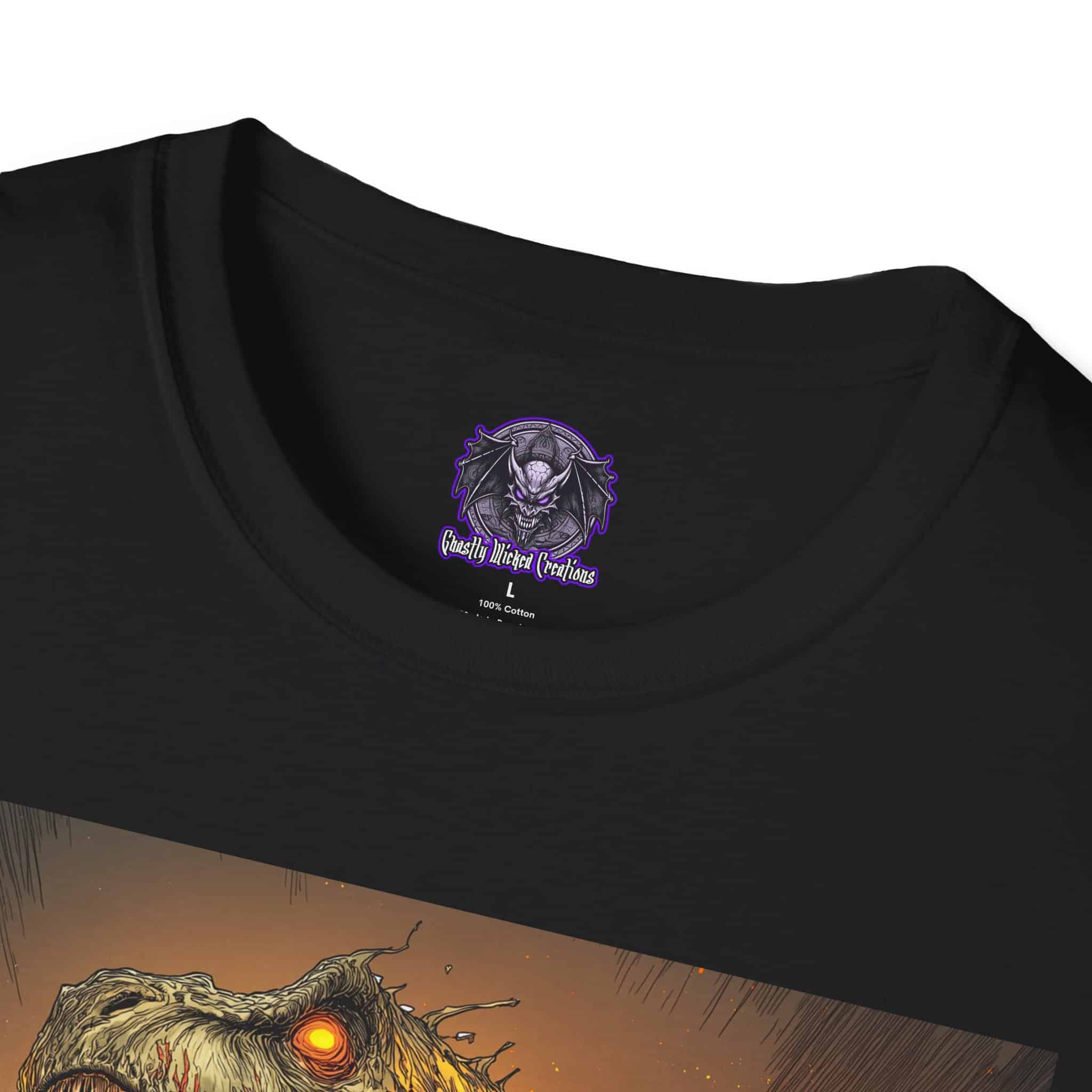 Zombie T-Rex Tyrannosaurus In Volcanic Wasteland Unisex T-Shirt - Image 3