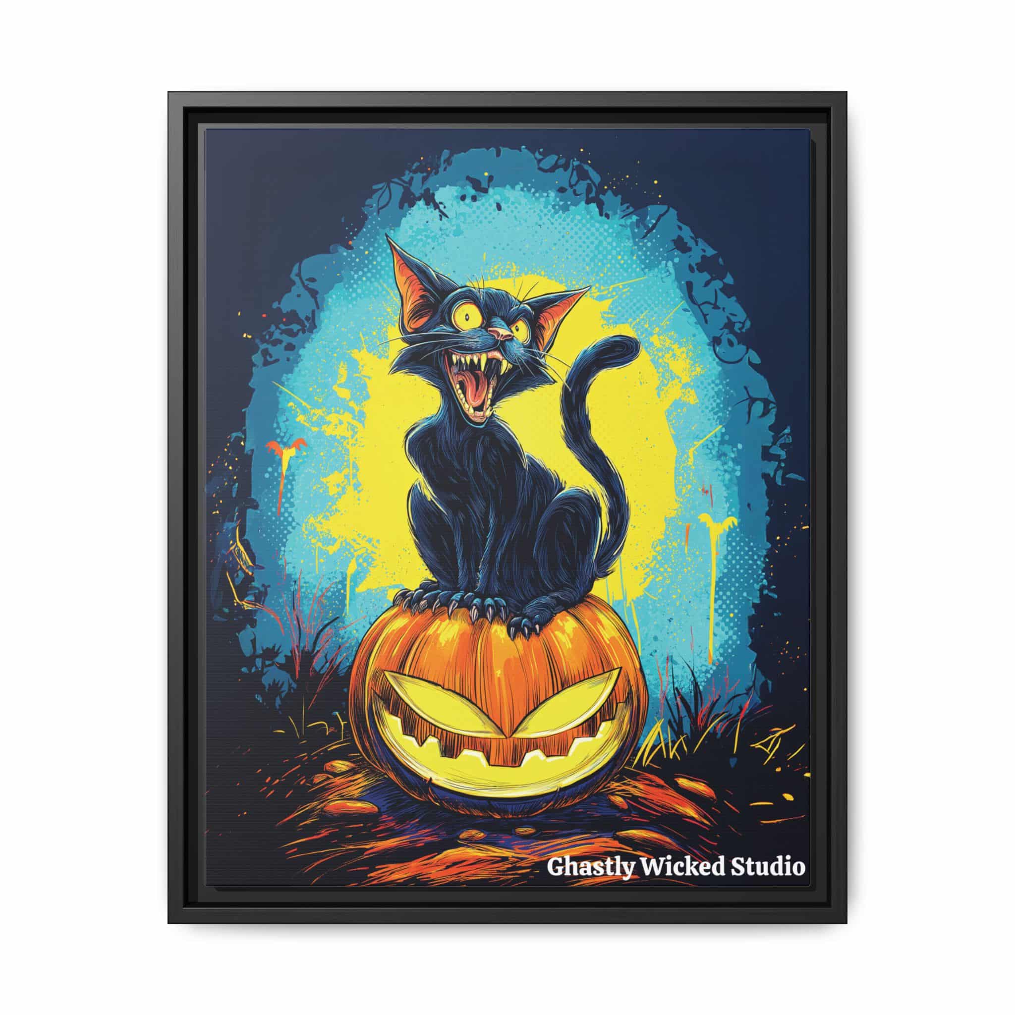 Black Cat On Jack O’ Lantern Pop 60’s Art Style Matte Canvas, Black Frame Halloween - Image 4