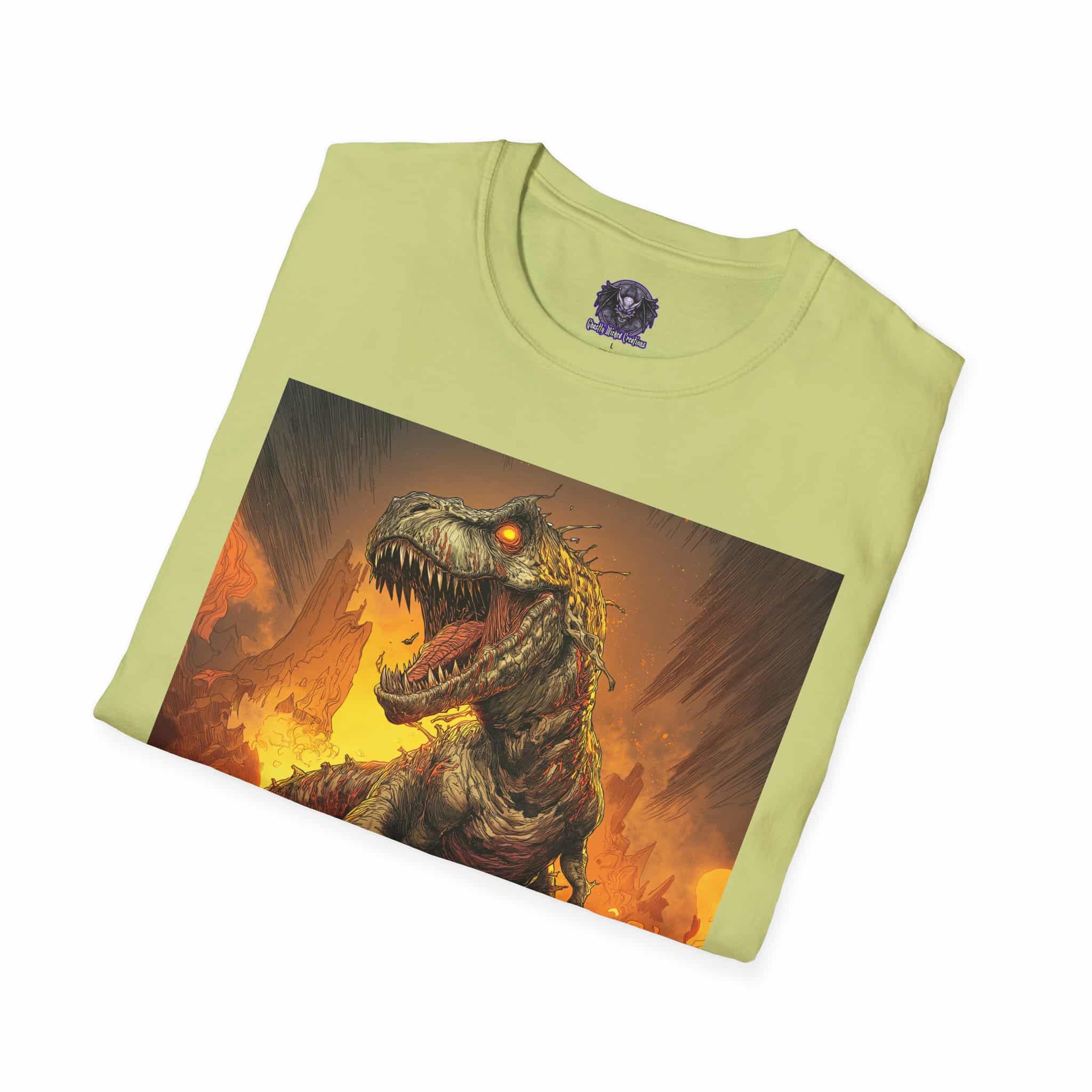 Zombie T-Rex Tyrannosaurus In Volcanic Wasteland Unisex T-Shirt - Image 24