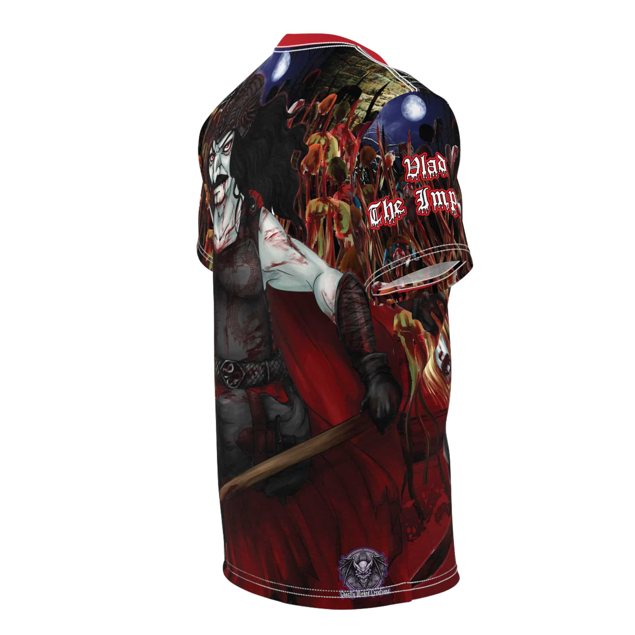 Vlad The Impaler Conquest Unisex Cut & Sew Tee (AOP) - Red Collar - Image 8