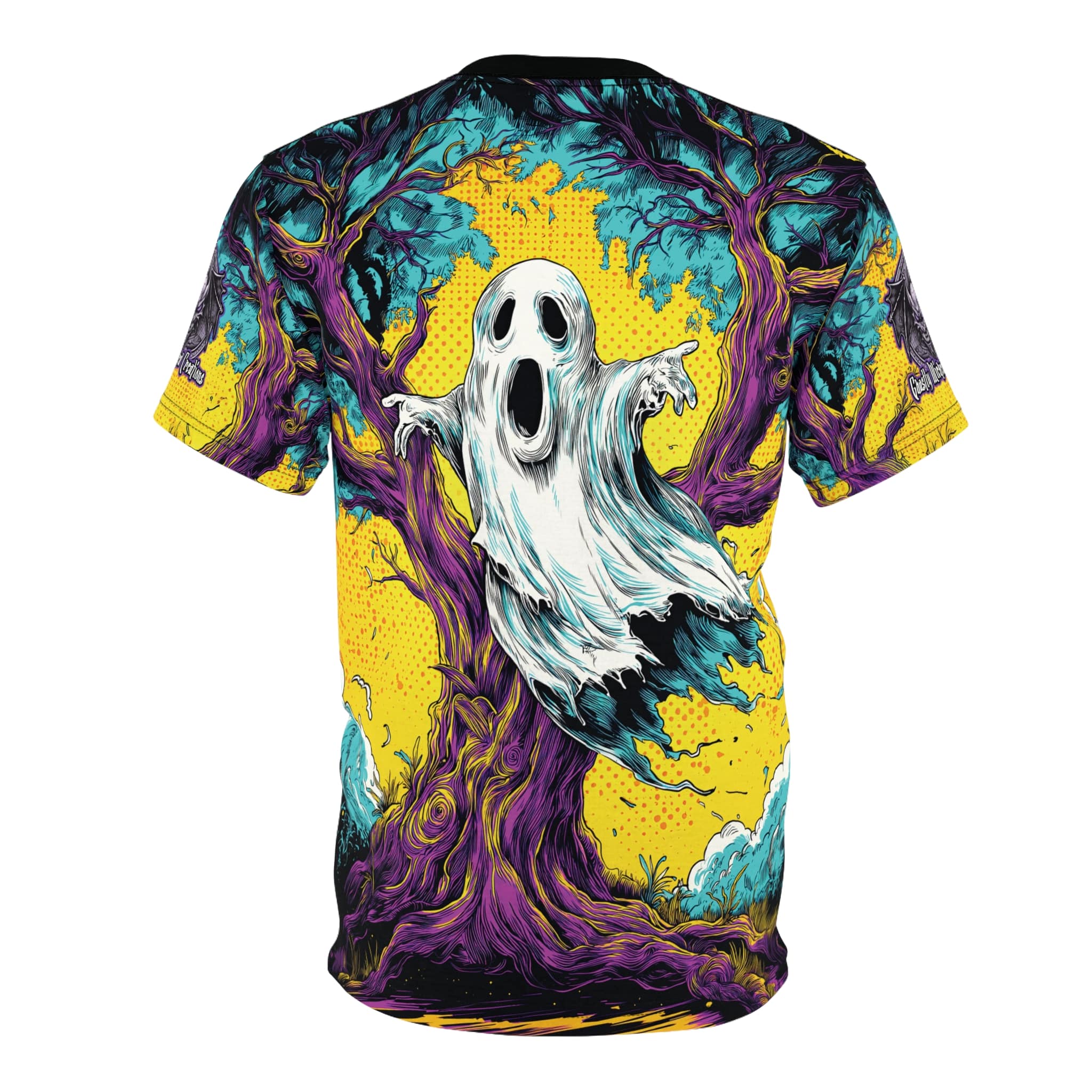 Ghost & Spooky Tree Pop 60’s Art Style Unisex Cut & Sew Tee (AOP) Halloween - Image 2