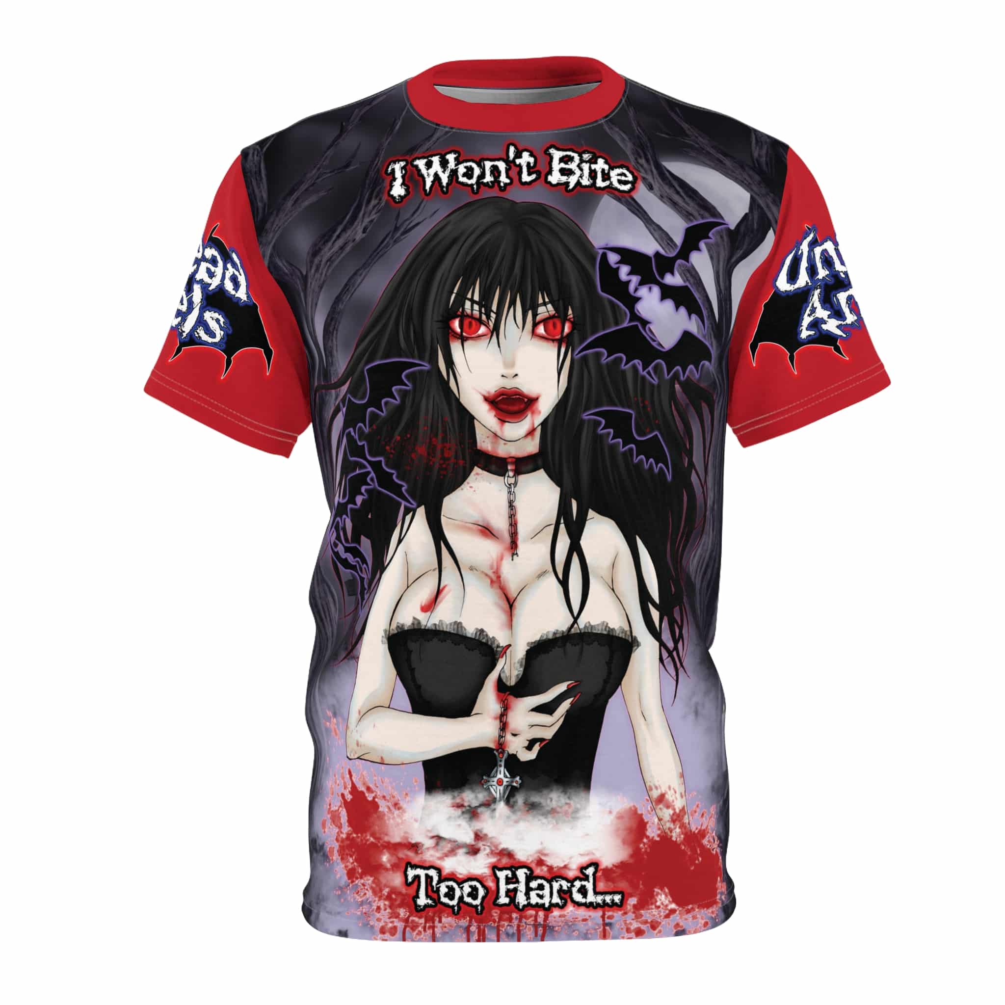 Eve Undead Angel First Vampire - Classic Art w/ Text Unisex Cut & Sew Tee (AOP) - Red Or Purple Sleeves