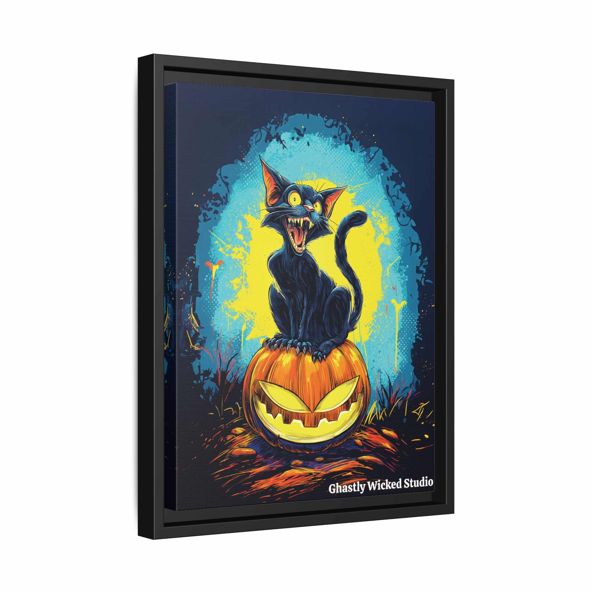 Black Cat On Jack O’ Lantern Pop 60’s Art Style Matte Canvas, Black Frame Halloween - Image 2