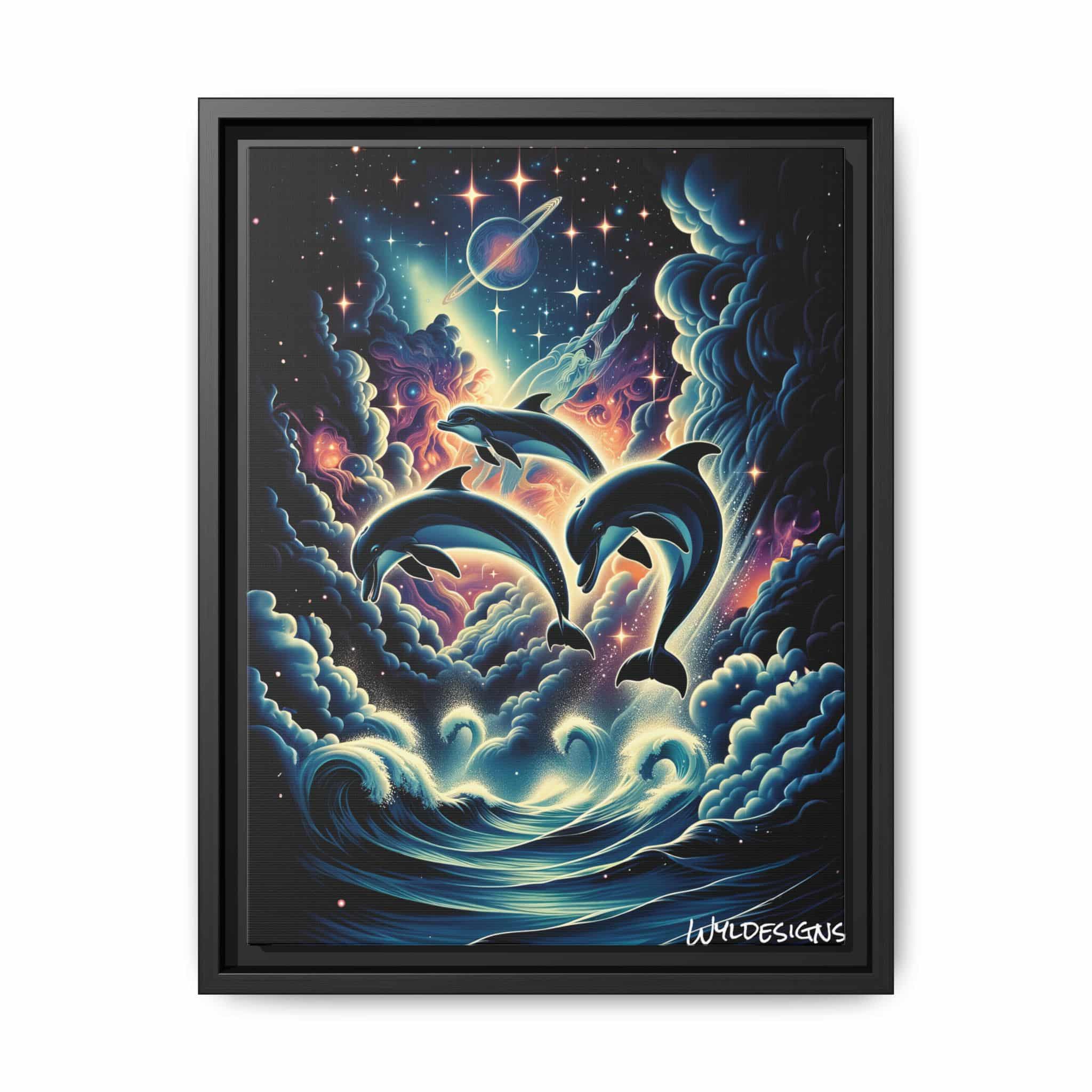 Cosmic Dolphins WD-D008 By Wyldesigns Matte Canvas, Black Frame