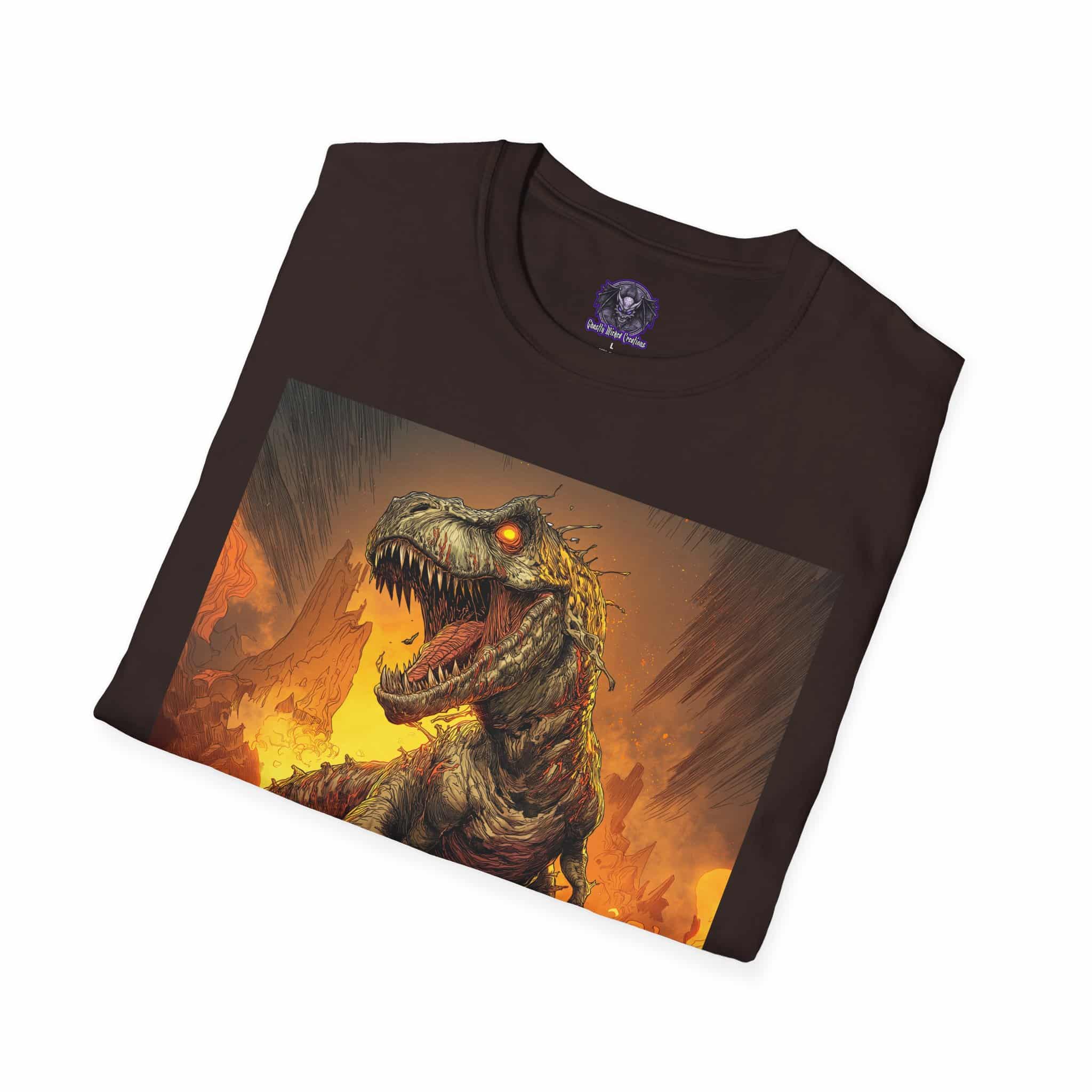 Zombie T-Rex Tyrannosaurus In Volcanic Wasteland Unisex T-Shirt - Image 20