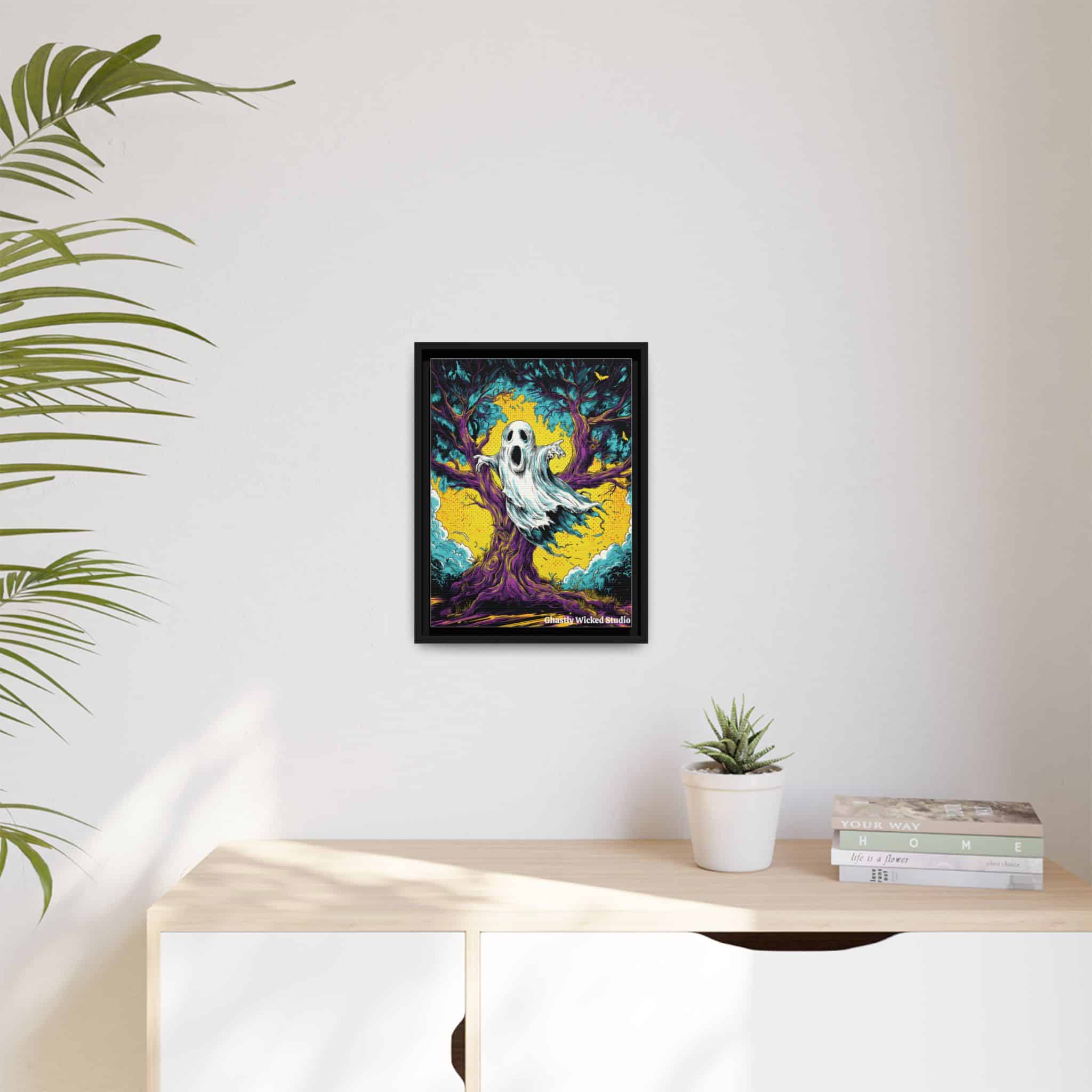 Ghost & Spooky Tree Pop 60’s Art Style Matte Canvas, Black Frame Halloween - Image 3
