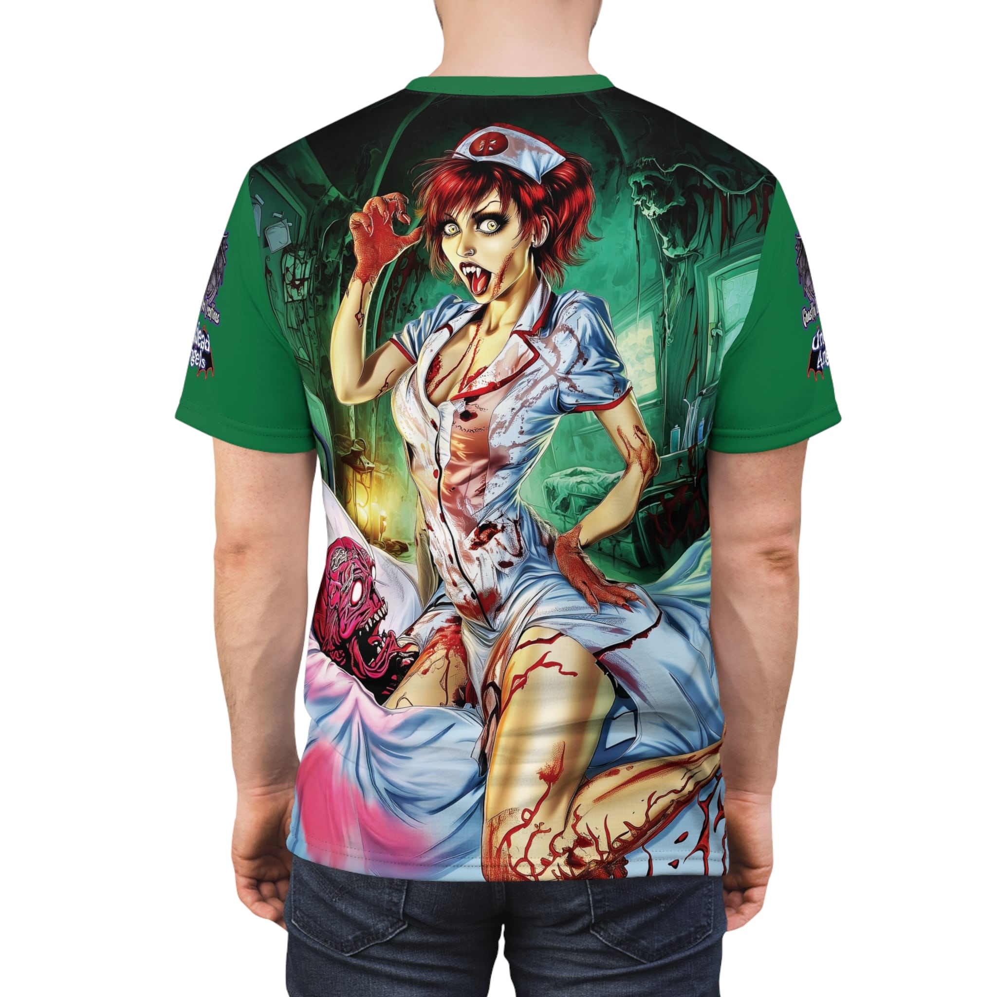Undead Angels Zombie Nurse Abigail Reborn Style BZ-DS Unisex Cut & Sew Tee (AOP) Green - Image 12