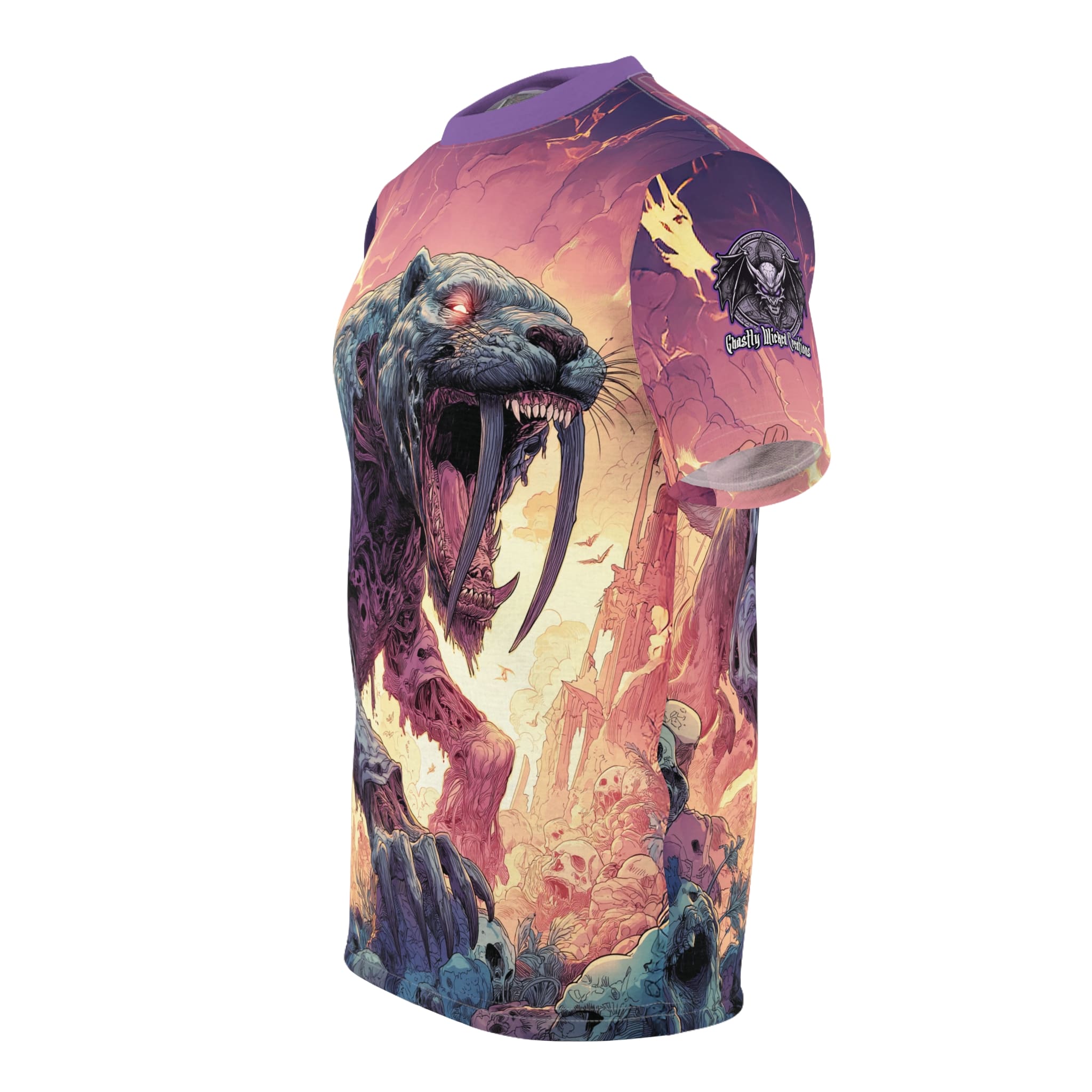 Zombie Smilodon Sabretooth Cat In Volcanic Wasteland Tee Unisex (AOP) - Image 37