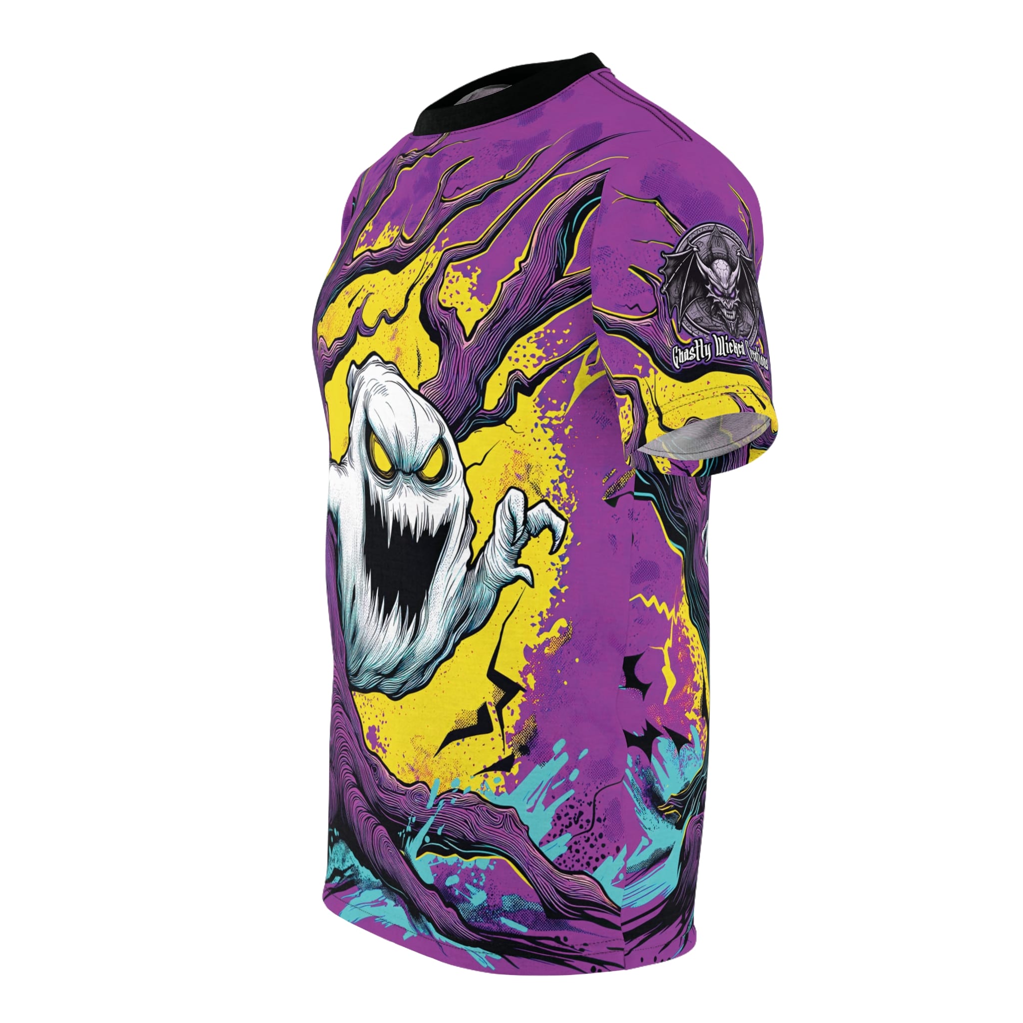 Ghost & Spooky Tree II Pop 60’s Art Style Unisex Cut & Sew Tee (AOP) Halloween - Image 3