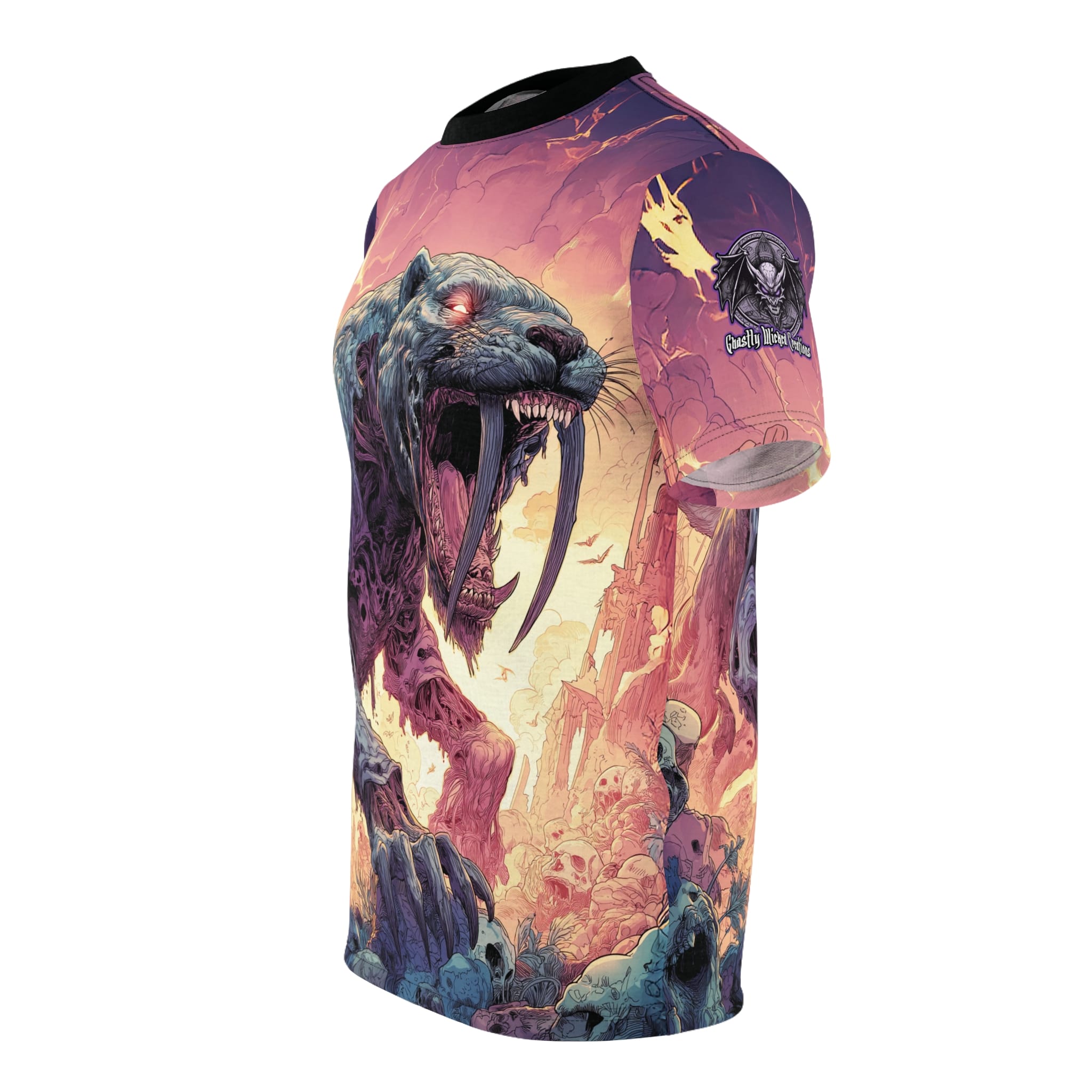 Zombie Smilodon Sabretooth Cat In Volcanic Wasteland Tee Unisex (AOP) - Image 17