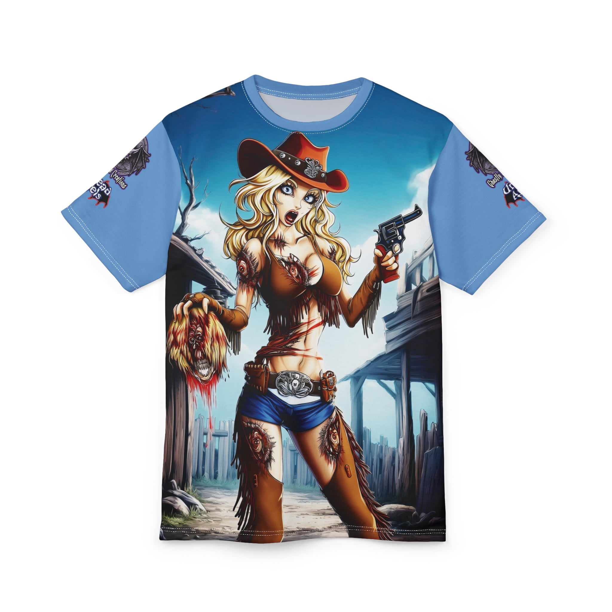 Undead Angels Zombie Cowgirl Cassidy Classic Reborn Style Unisex Cut & Sew Tee (AOP) Blue - Image 22