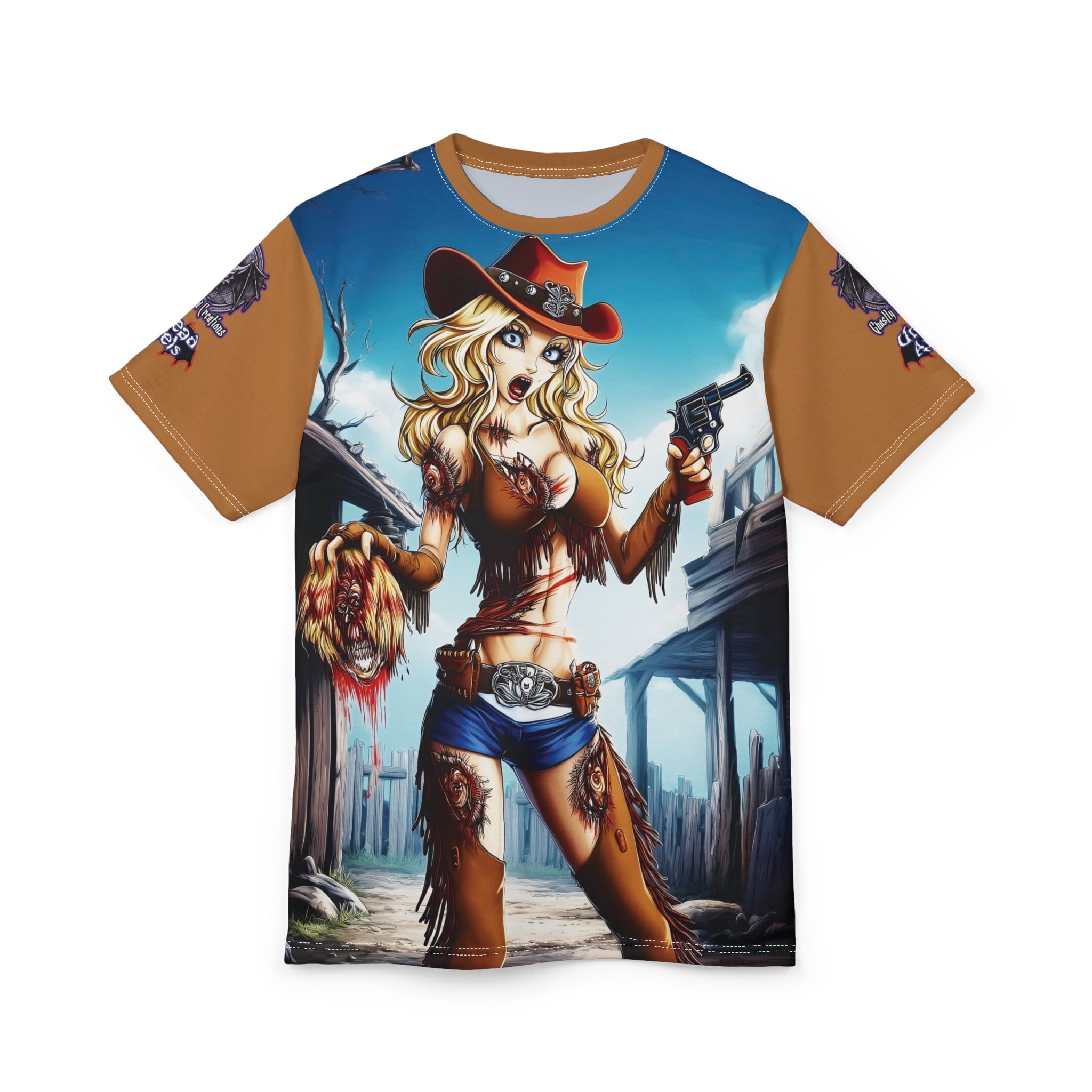 Undead Angels Zombie Cowgirl Cassidy Classic Reborn Style Unisex Cut & Sew Tee (AOP) Brown - Image 22