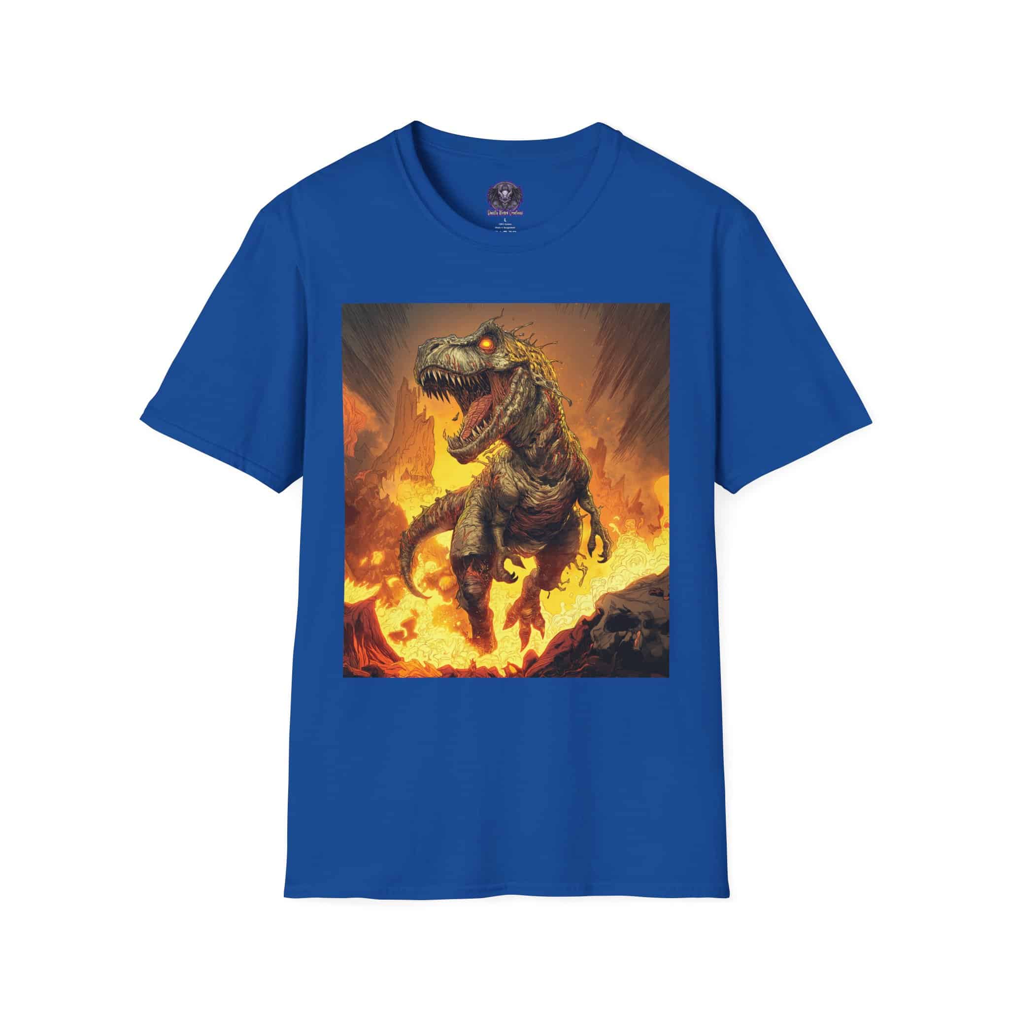 Zombie T-Rex Tyrannosaurus In Volcanic Wasteland Unisex T-Shirt - Image 57