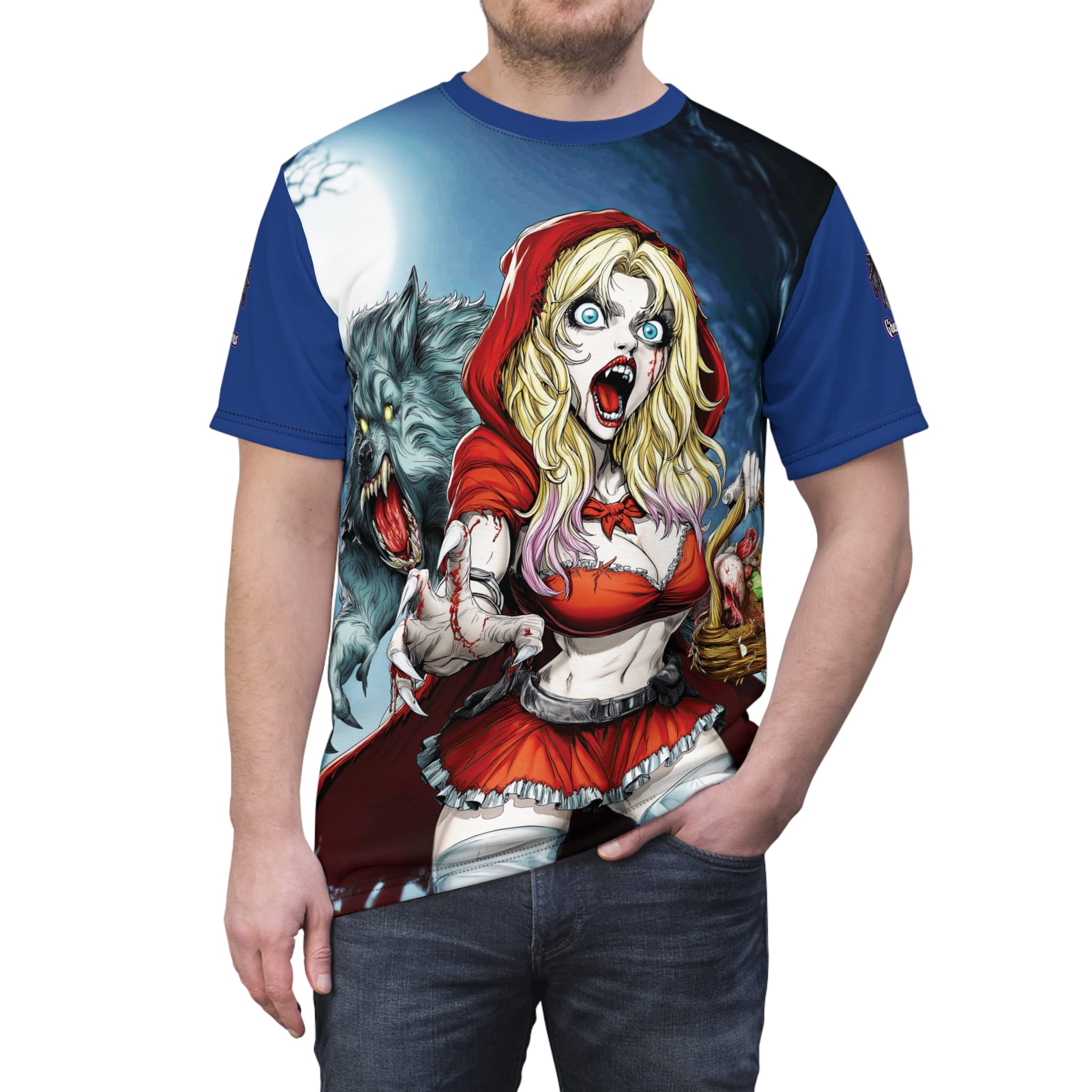 Vampire Red Riding Hood By Ghastly Wicked Tales 2025-01 Unisex Cut & Sew Tee (AOP) Blue - Image 9
