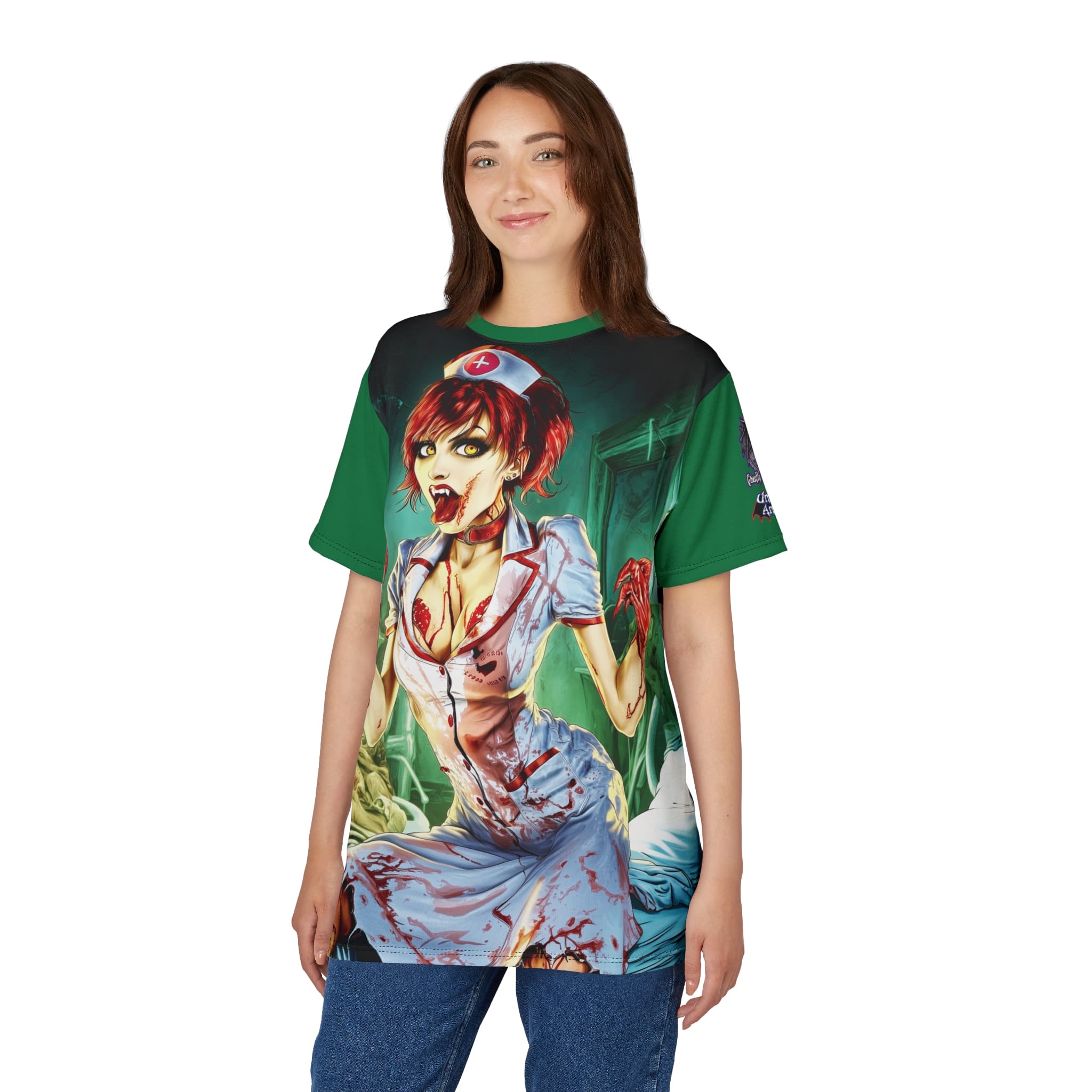 Undead Angels Zombie Nurse Abigail Reborn Style BZ-DS Unisex Cut & Sew Tee (AOP) Green - Image 11