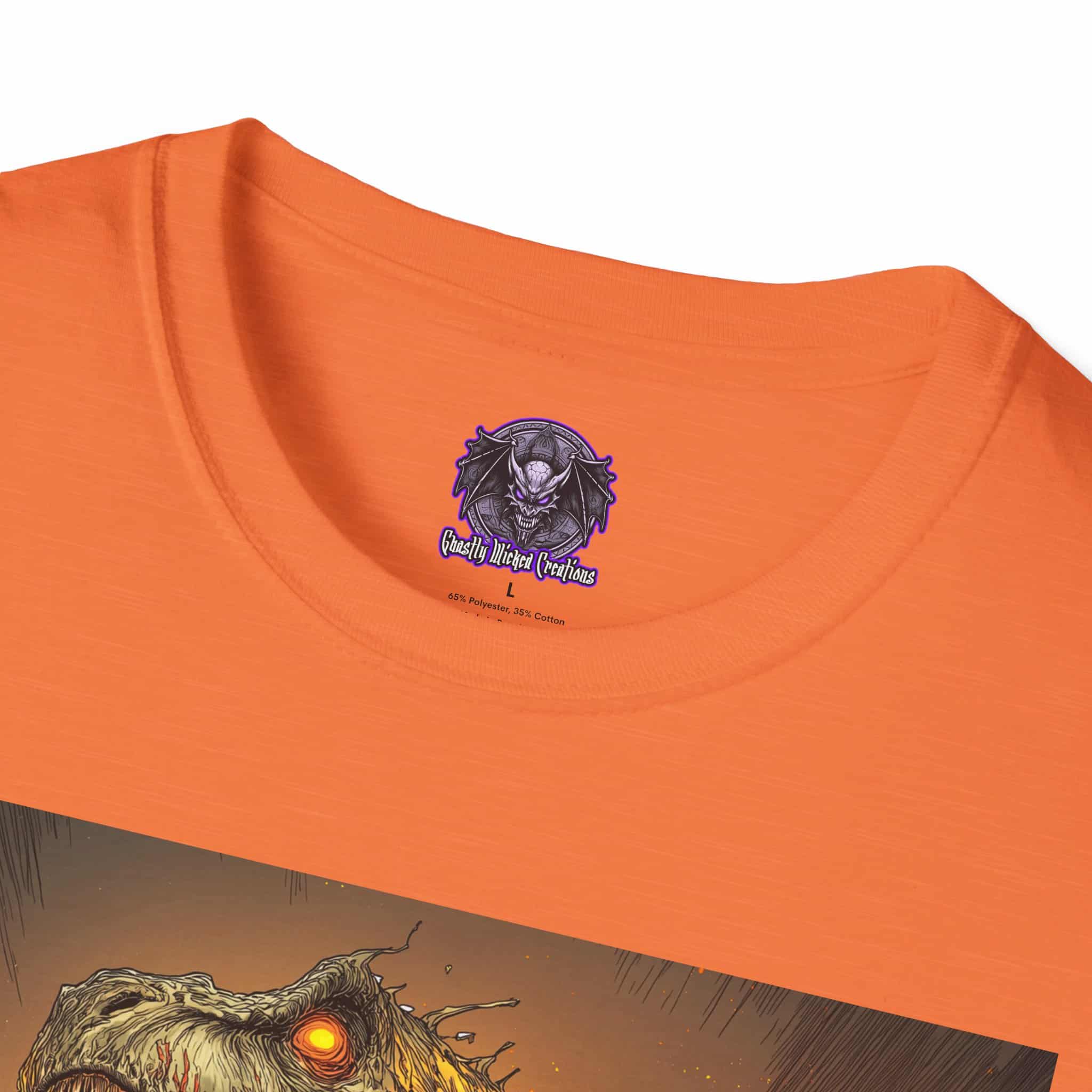 Zombie T-Rex Tyrannosaurus In Volcanic Wasteland Unisex T-Shirt - Image 11