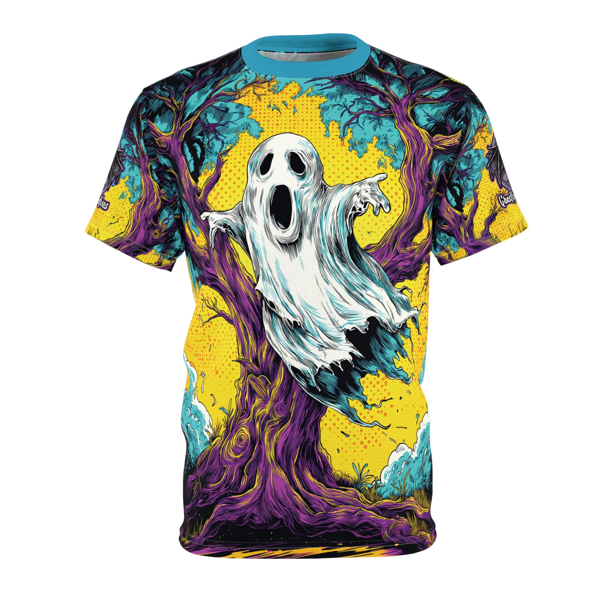 Ghost & Spooky Tree Pop 60’s Art Style Unisex Cut & Sew Tee (AOP) Halloween - Image 5