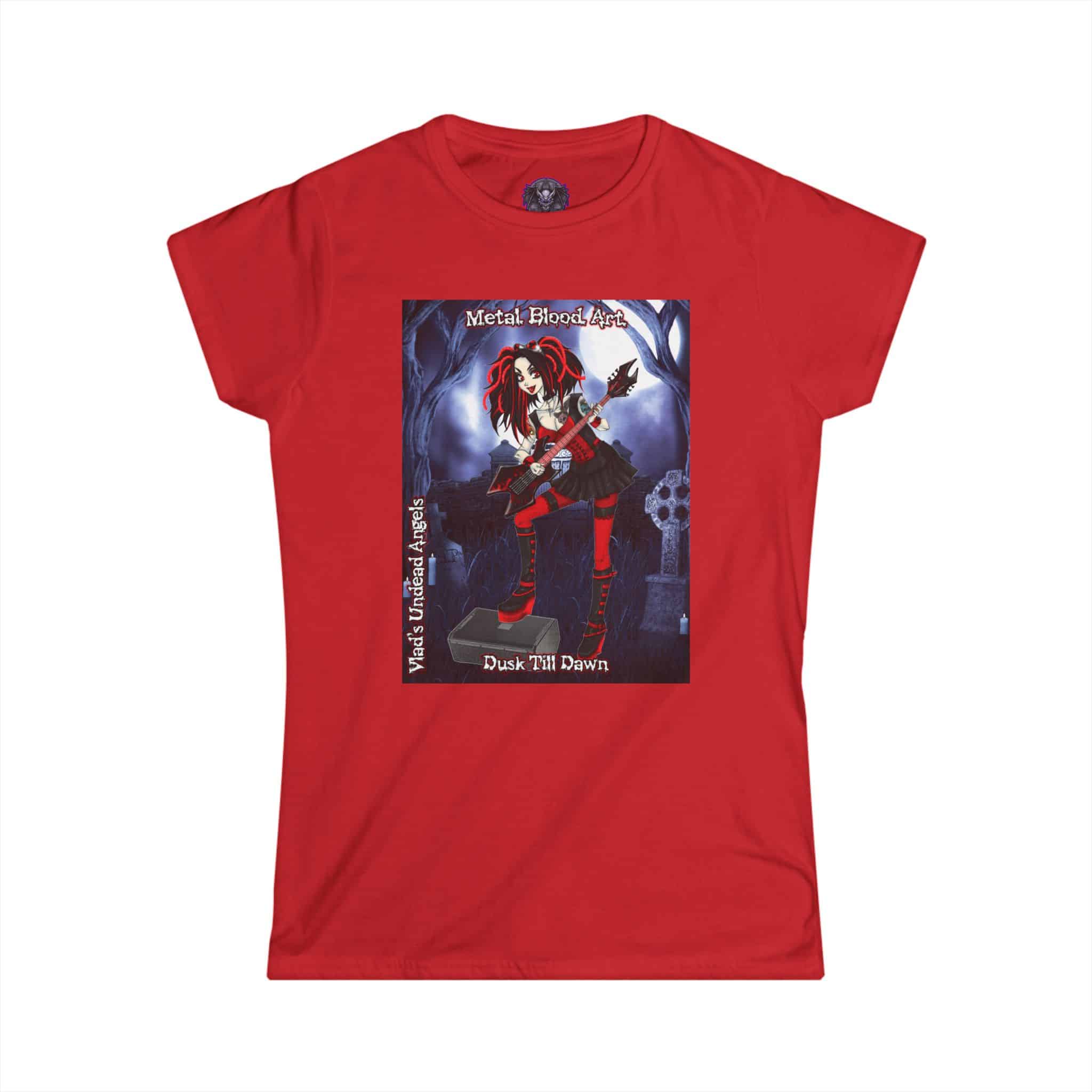 Crimson Undead Angel Guitarist - Classic Art w/Text Re-Issue Women's Softstyle Tee - Image 13