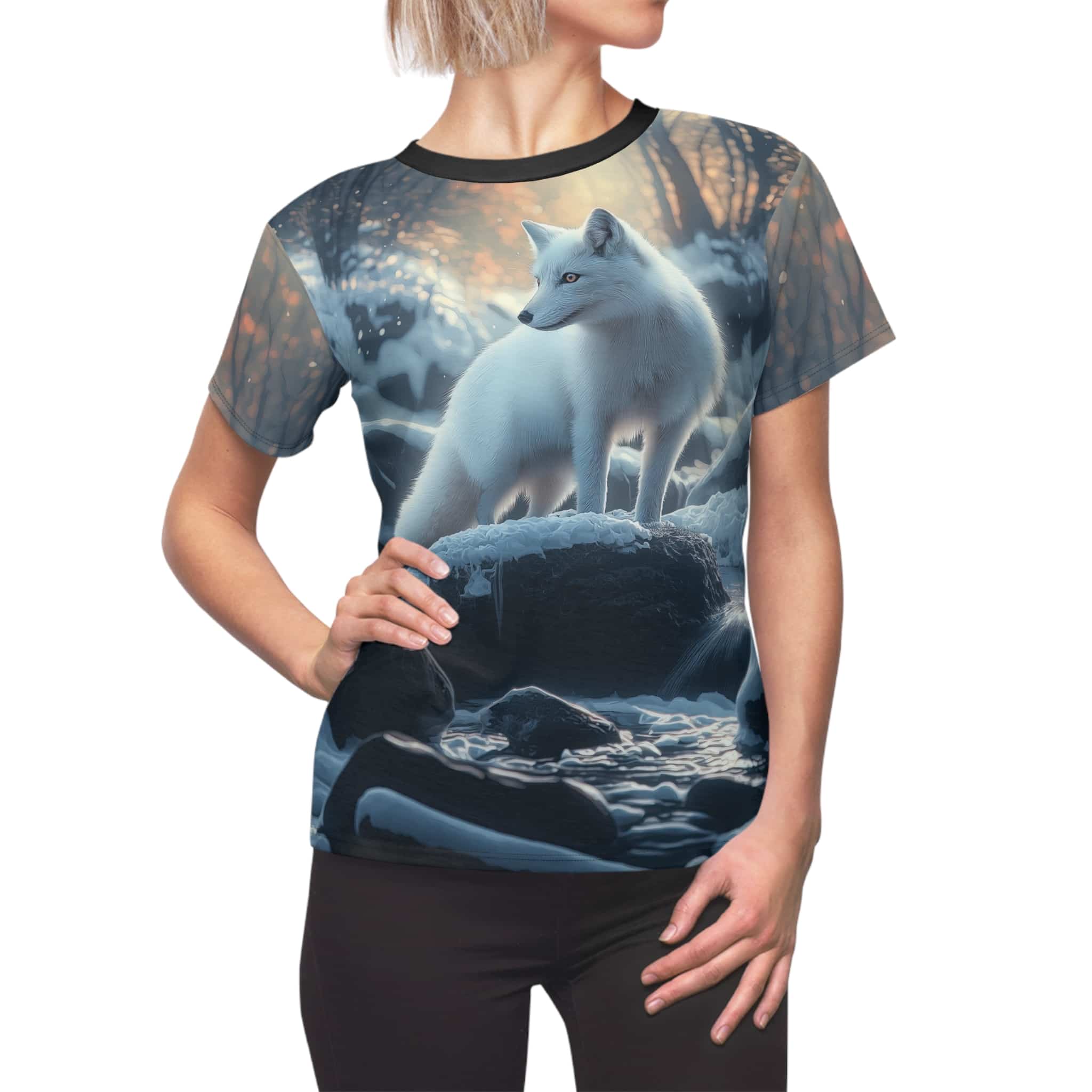 Arctic Fox In Woods Women's Tee by Wyldesigns - Wildlife Graphic T-Shirt #WD-M020 (AOP) - Image 8