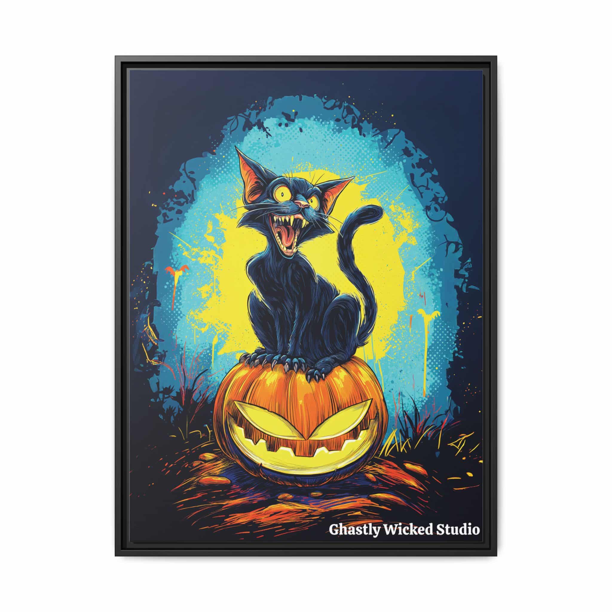 Black Cat On Jack O’ Lantern Pop 60’s Art Style Matte Canvas, Black Frame Halloween - Image 10