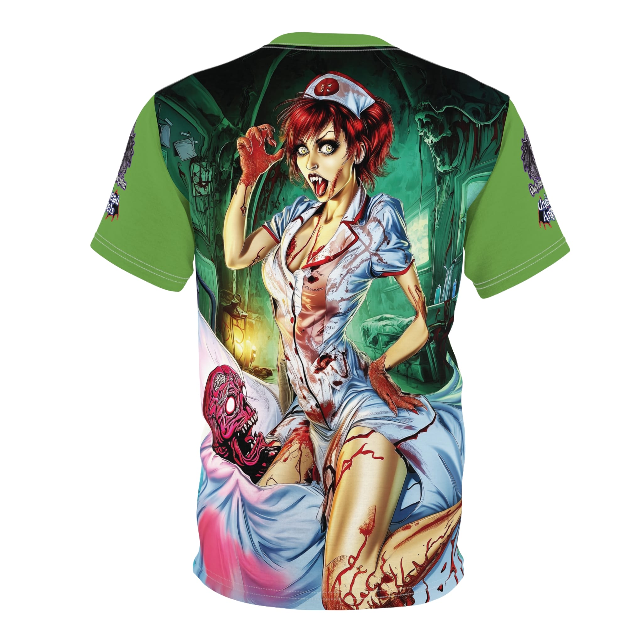 Undead Angels Zombie Nurse Abigail Reborn Style BZ-DS Unisex Cut & Sew Tee (AOP) Green - Image 23