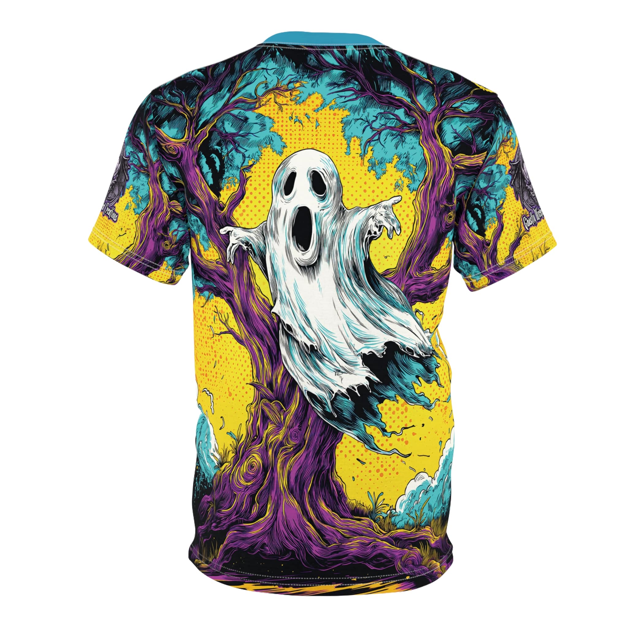 Ghost & Spooky Tree Pop 60’s Art Style Unisex Cut & Sew Tee (AOP) Halloween - Image 6