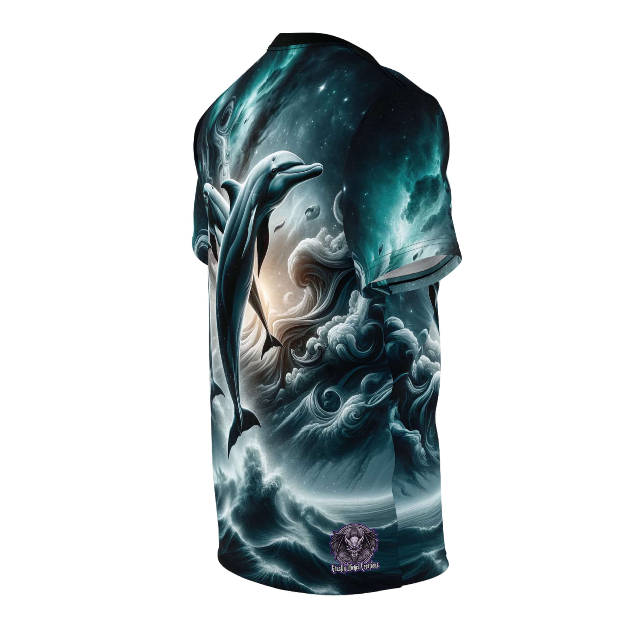 Dolphins Jumping WD-D007 By Wyldesigns Unisex Cut & Sew Tee (AOP) - Image 4