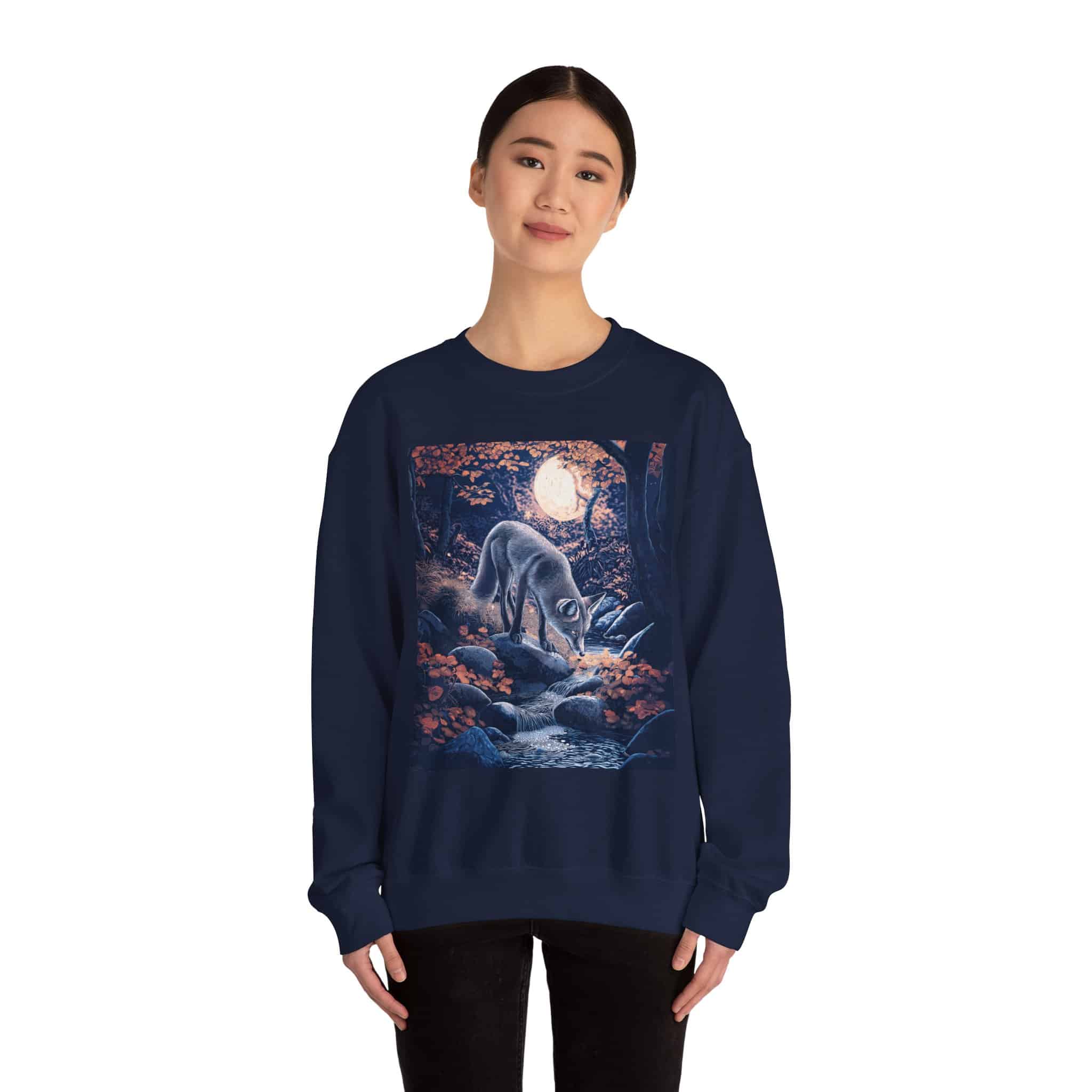 Fox By Stream At Moonlight by Wyldesigns Unisex Heavy Blend™ Crewneck Sweatshirt - Image 24