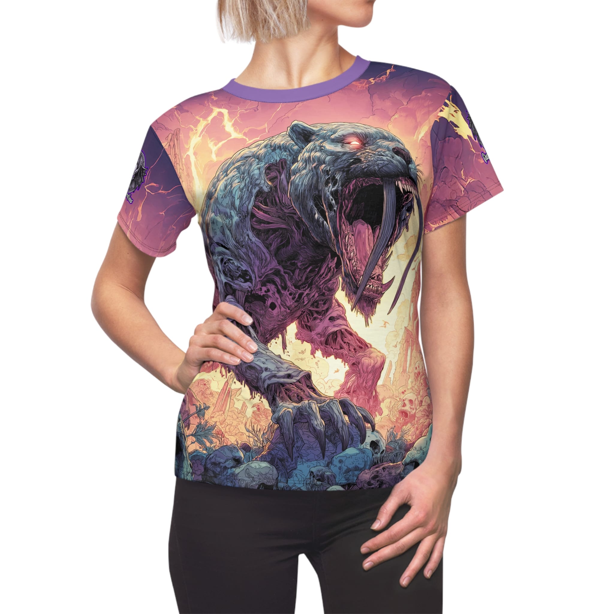 Zombie Smilodon Sabretooth Cat In Volcanic Wasteland Tee Women's (AOP) - Image 8