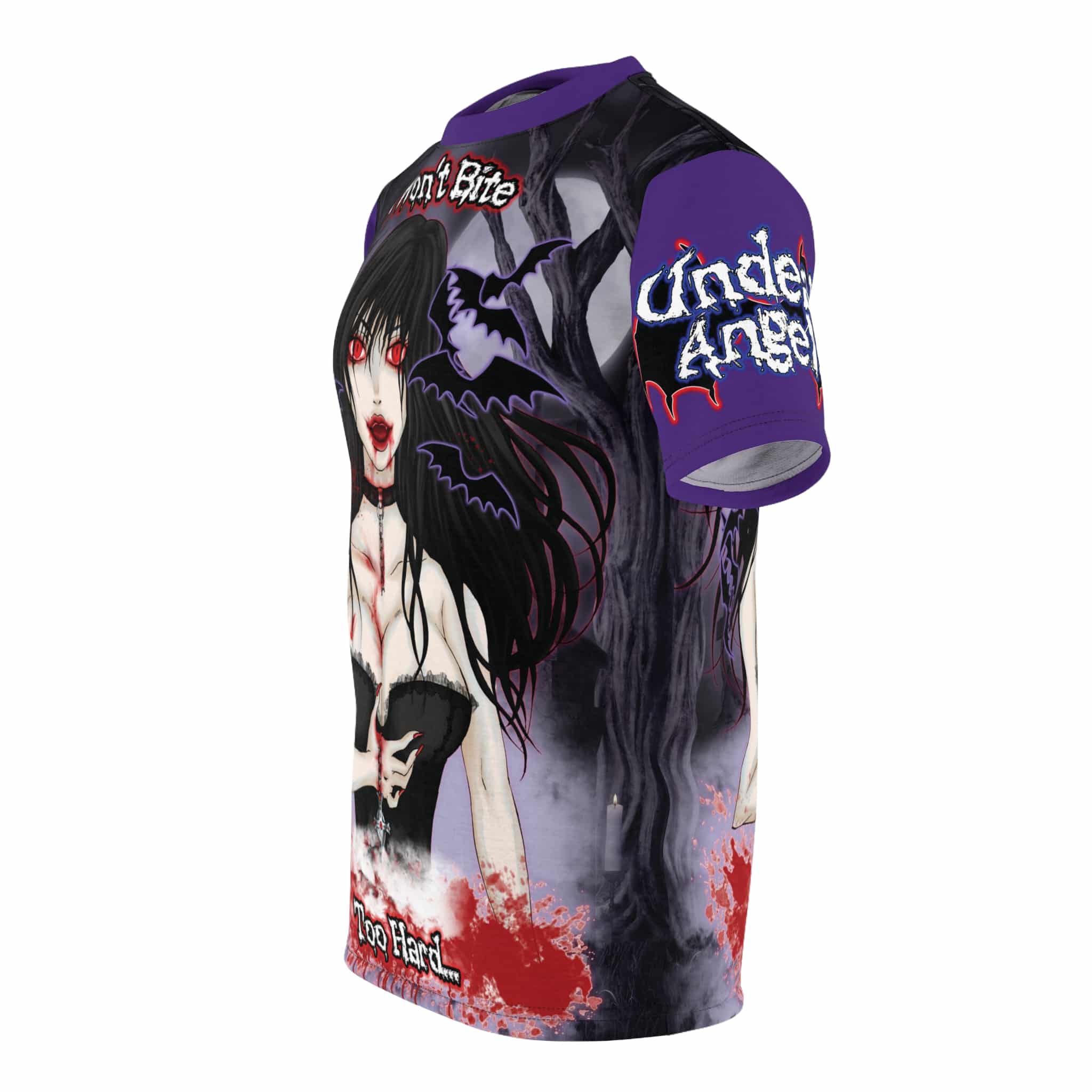 Eve Undead Angel First Vampire - Classic Art w/ Text Unisex Cut & Sew Tee (AOP) - Red Or Purple Sleeves - Image 7