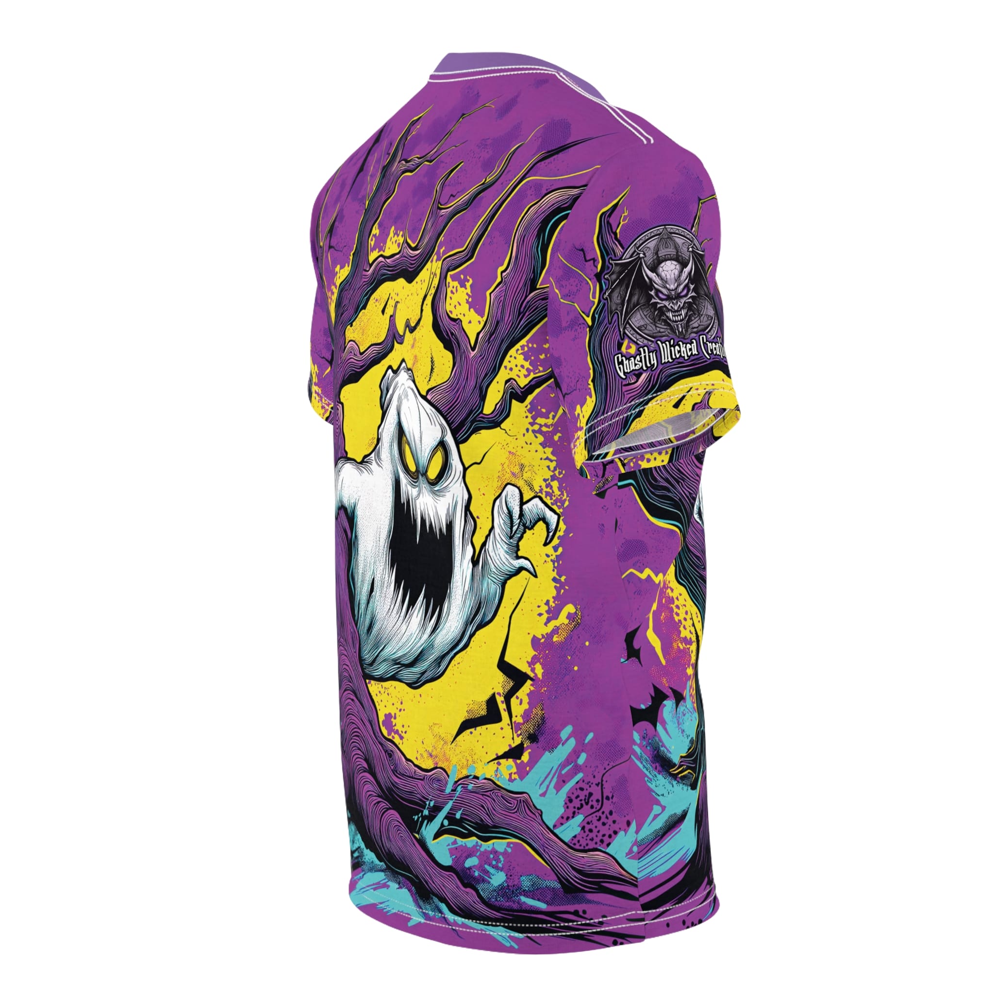 Ghost & Spooky Tree II Pop 60’s Art Style Unisex Cut & Sew Tee (AOP) Halloween - Image 8