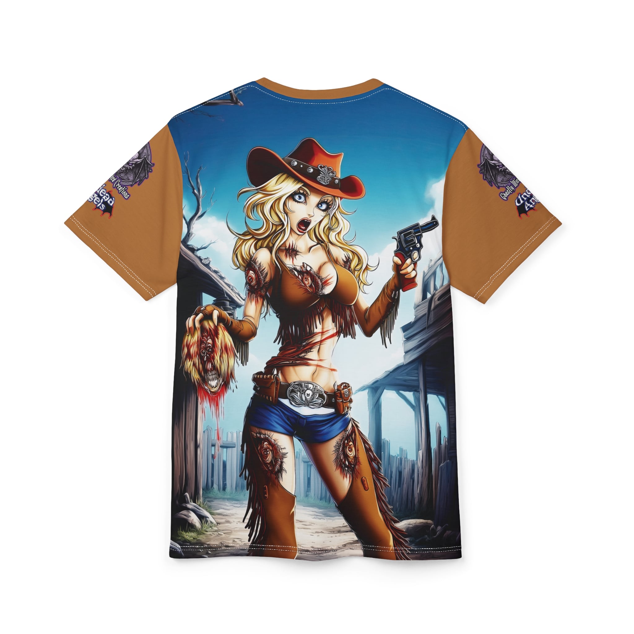 Undead Angels Zombie Cowgirl Cassidy Classic Reborn Style Unisex Cut & Sew Tee (AOP) Brown - Image 24