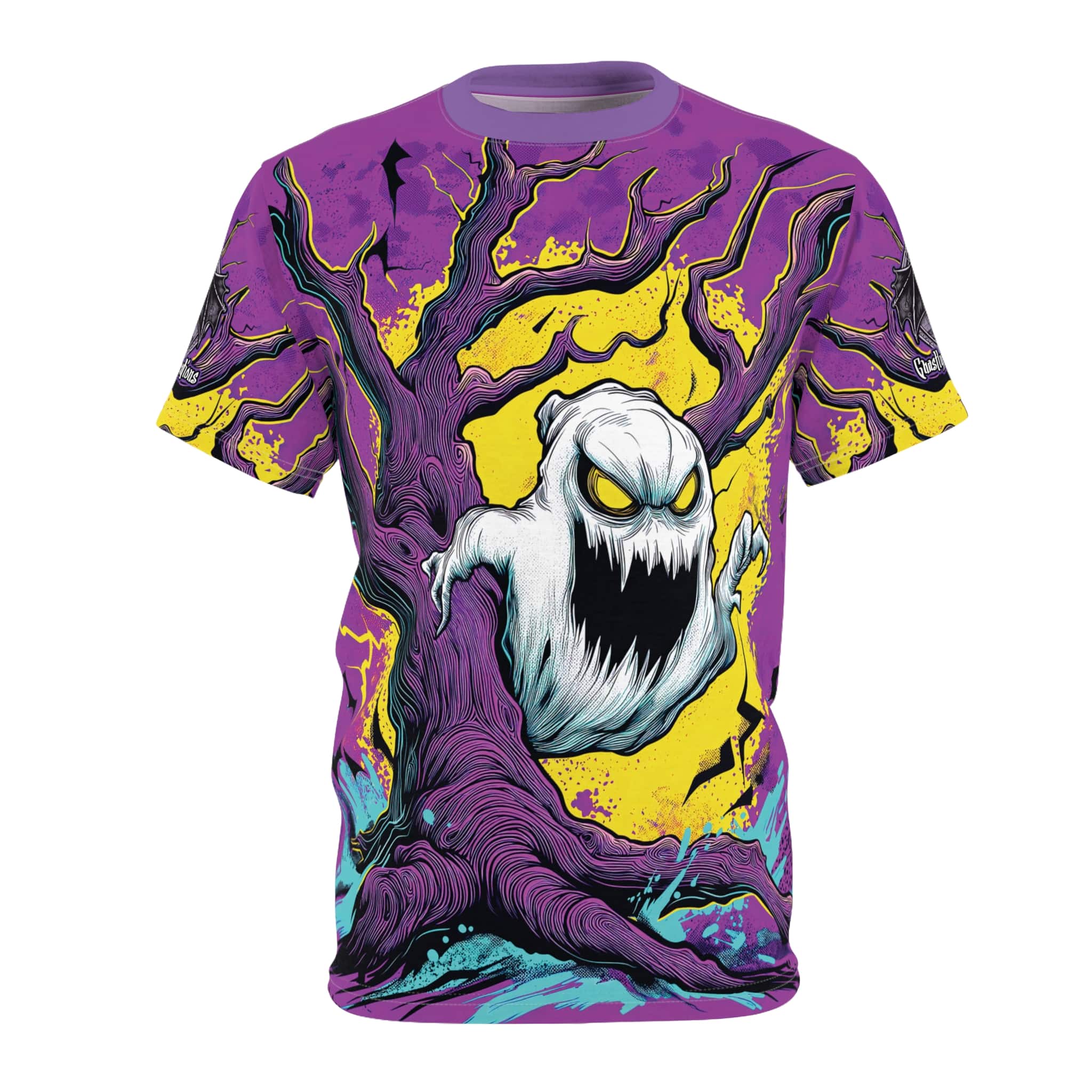 Ghost & Spooky Tree II Pop 60’s Art Style Unisex Cut & Sew Tee (AOP) Halloween - Image 5