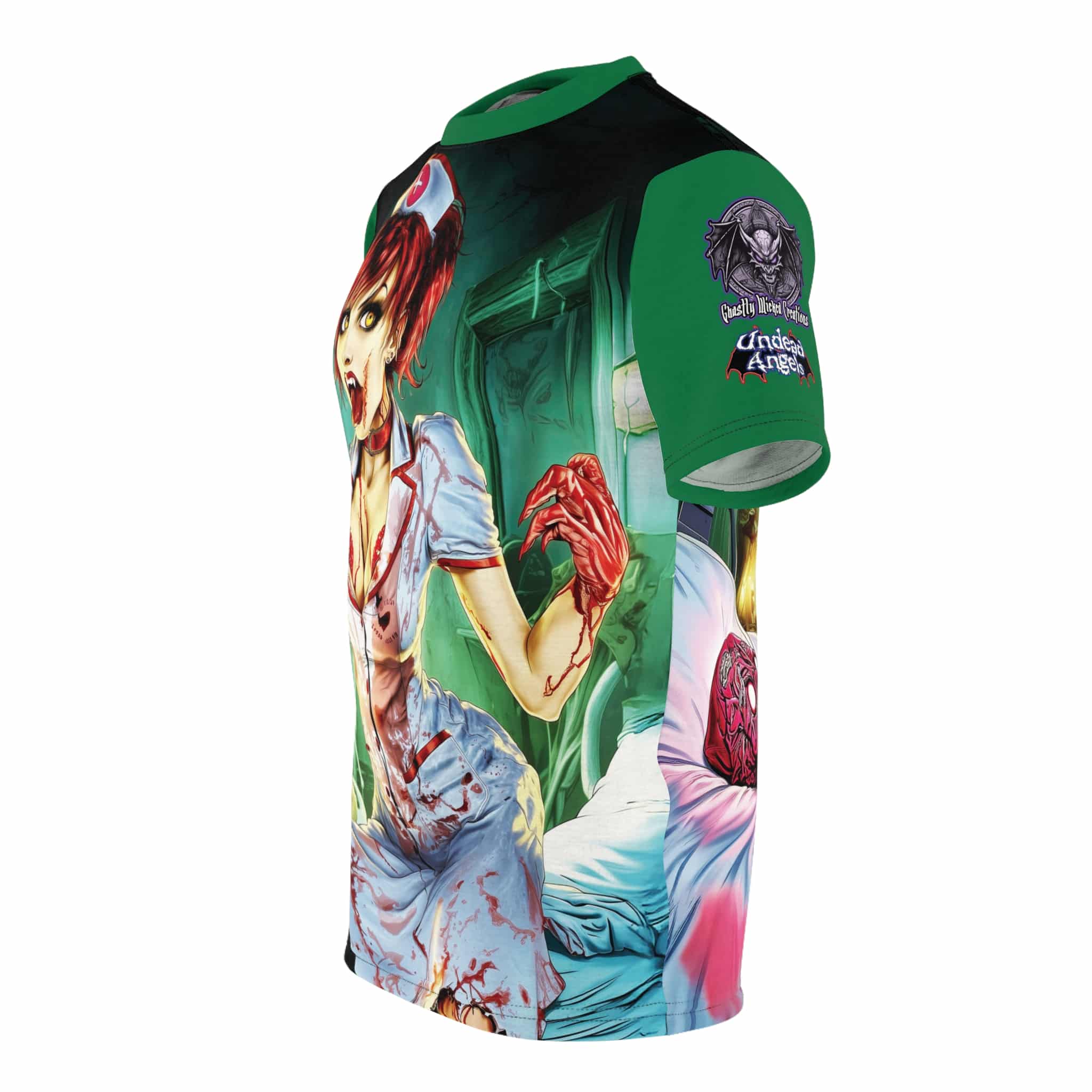Undead Angels Zombie Nurse Abigail Reborn Style BZ-DS Unisex Cut & Sew Tee (AOP) Green - Image 3