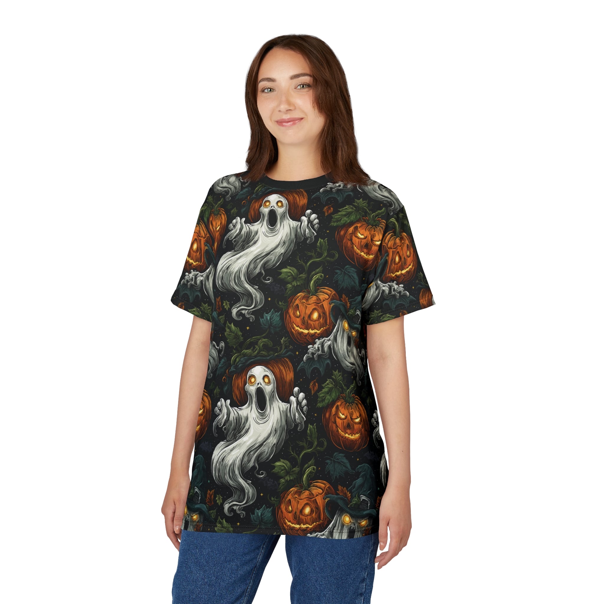 Halloween Ghosts & Pumpkins Pattern 1 Unisex Cut & Sew Tee (AOP) - Image 14