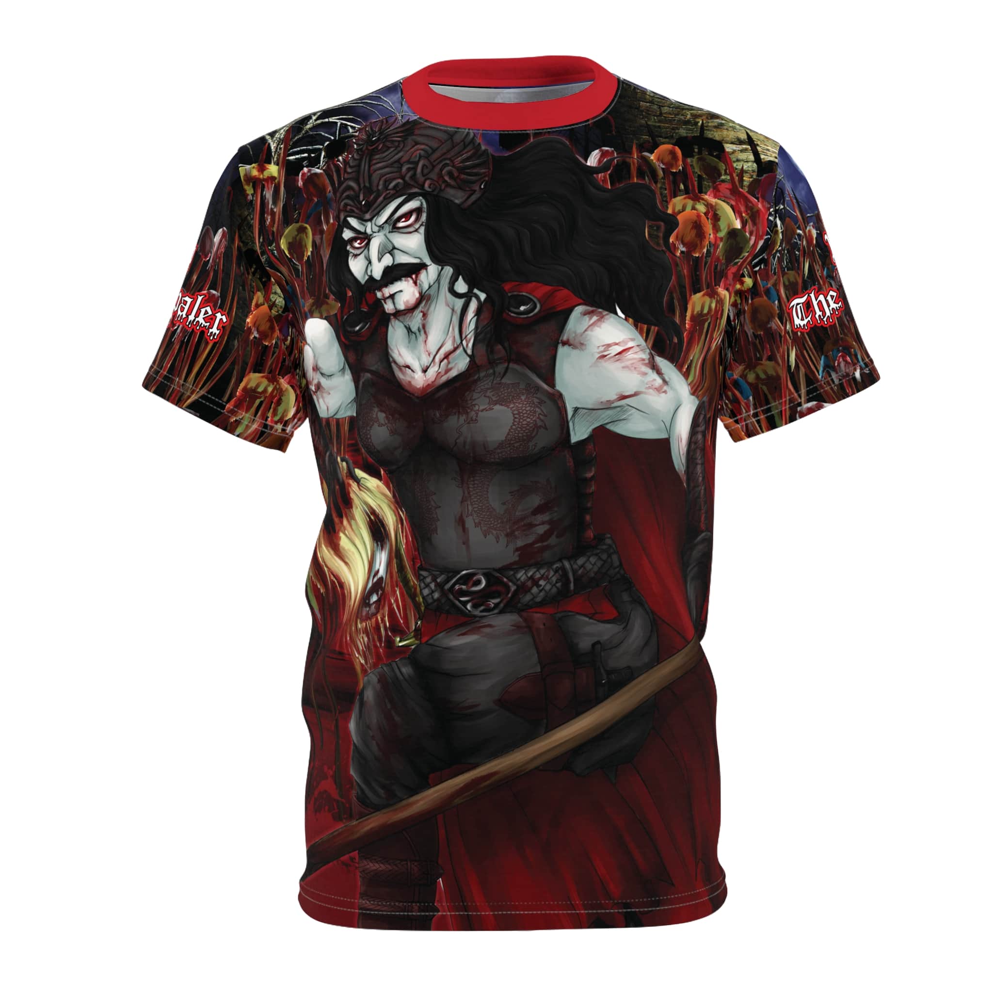 Vlad The Impaler Conquest Unisex Cut & Sew Tee (AOP) - Red Collar - Image 5