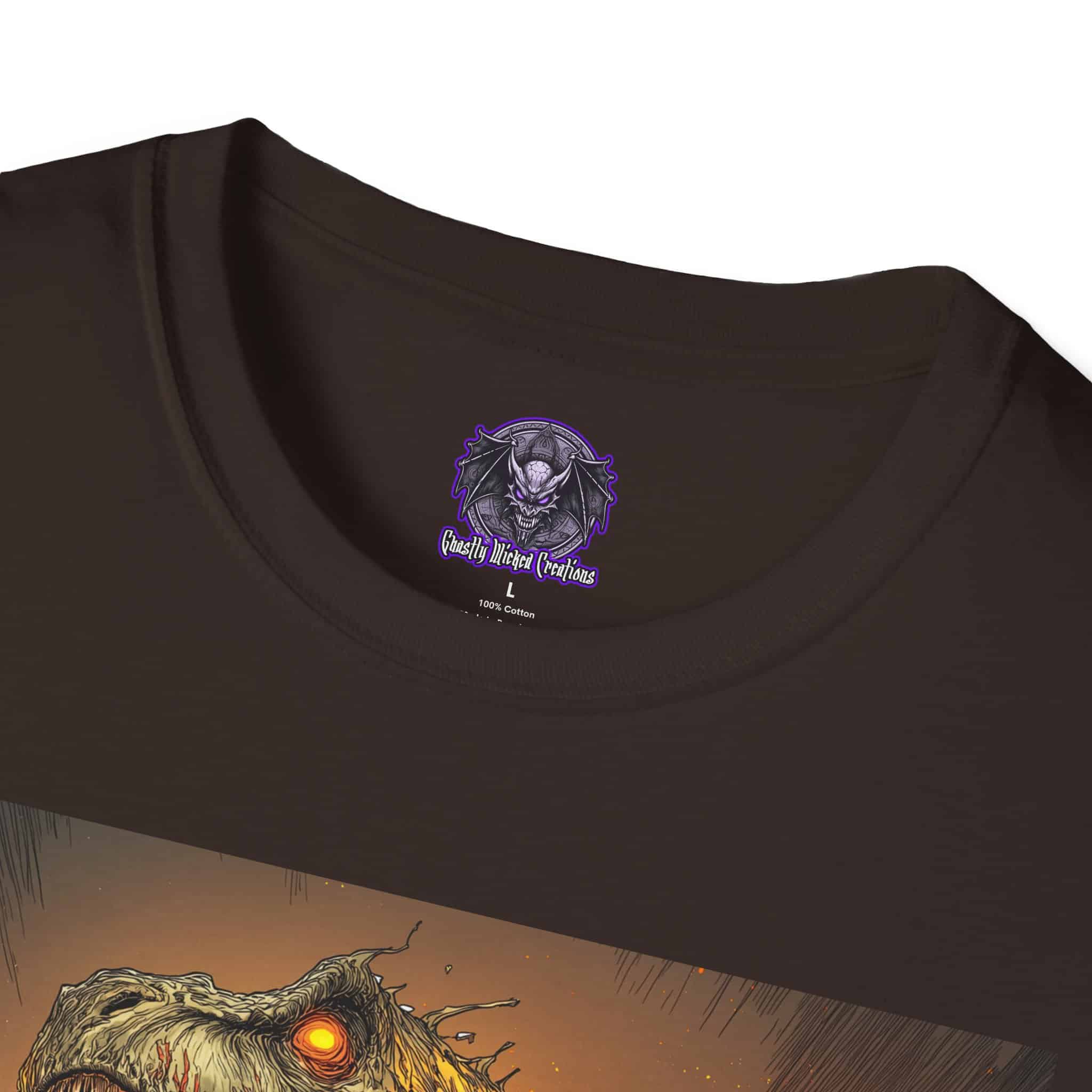 Zombie T-Rex Tyrannosaurus In Volcanic Wasteland Unisex T-Shirt - Image 19