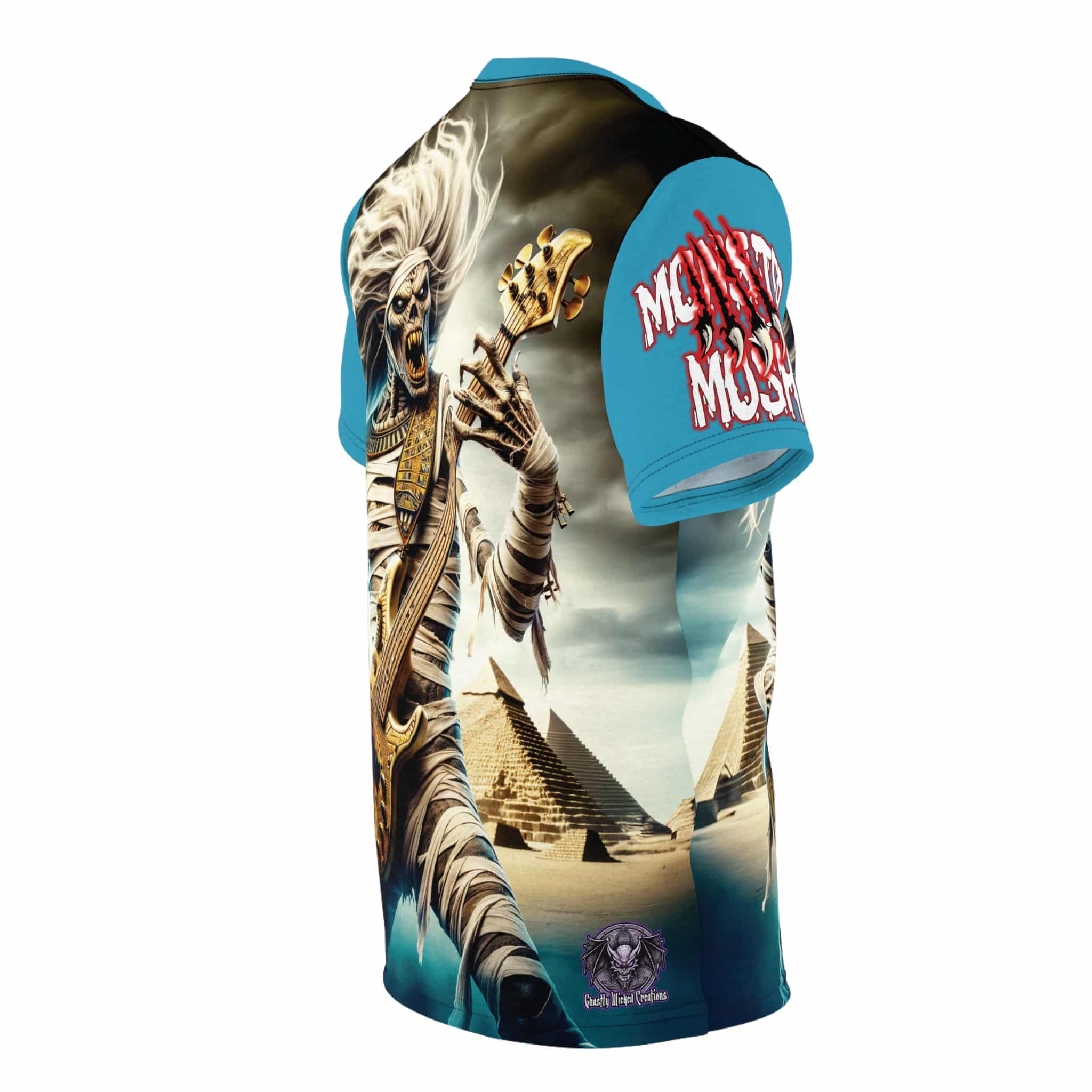 Monster Mosh 2024 Tour Mummy Bass Guitar MM-D003 Unisex Cut & Sew Tee (AOP) - Turquoise Or Yellow Sleeves - Image 8