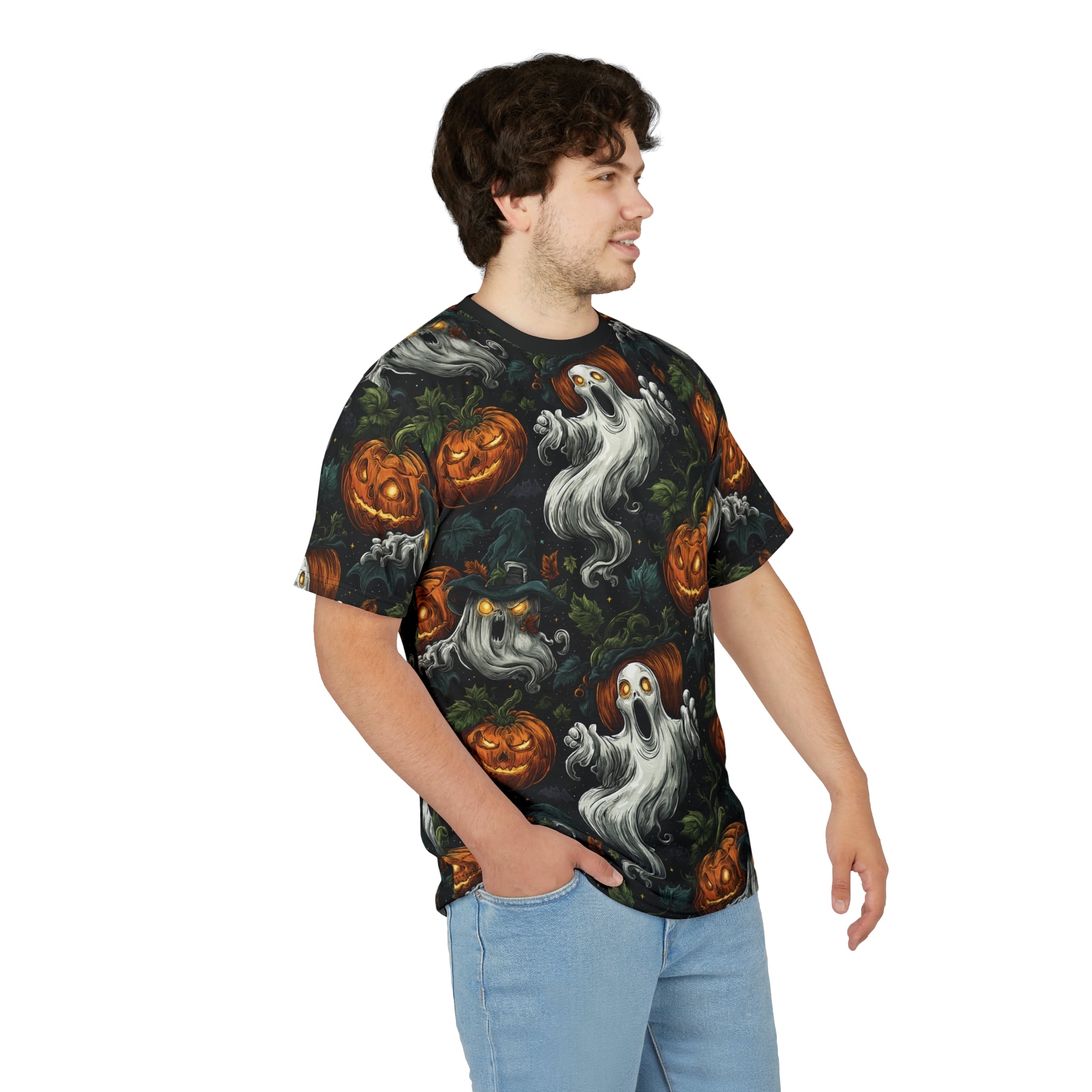 Halloween Ghosts & Pumpkins Pattern 1 Unisex Cut & Sew Tee (AOP) - Image 16