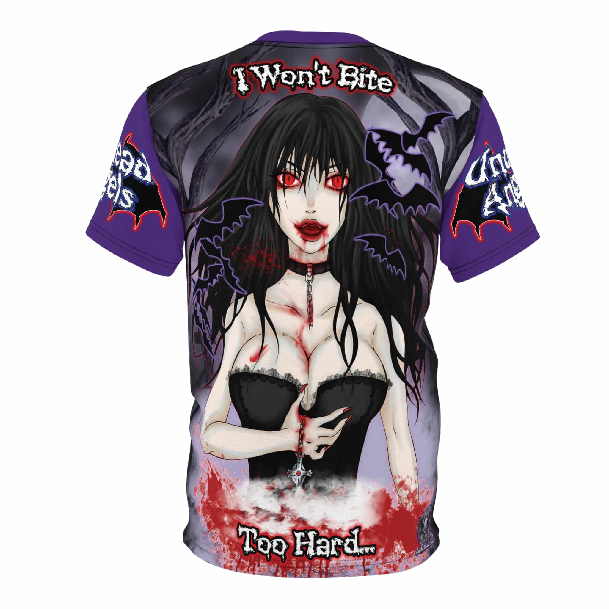 Eve Undead Angel First Vampire - Classic Art w/ Text Unisex Cut & Sew Tee (AOP) - Red Or Purple Sleeves - Image 6