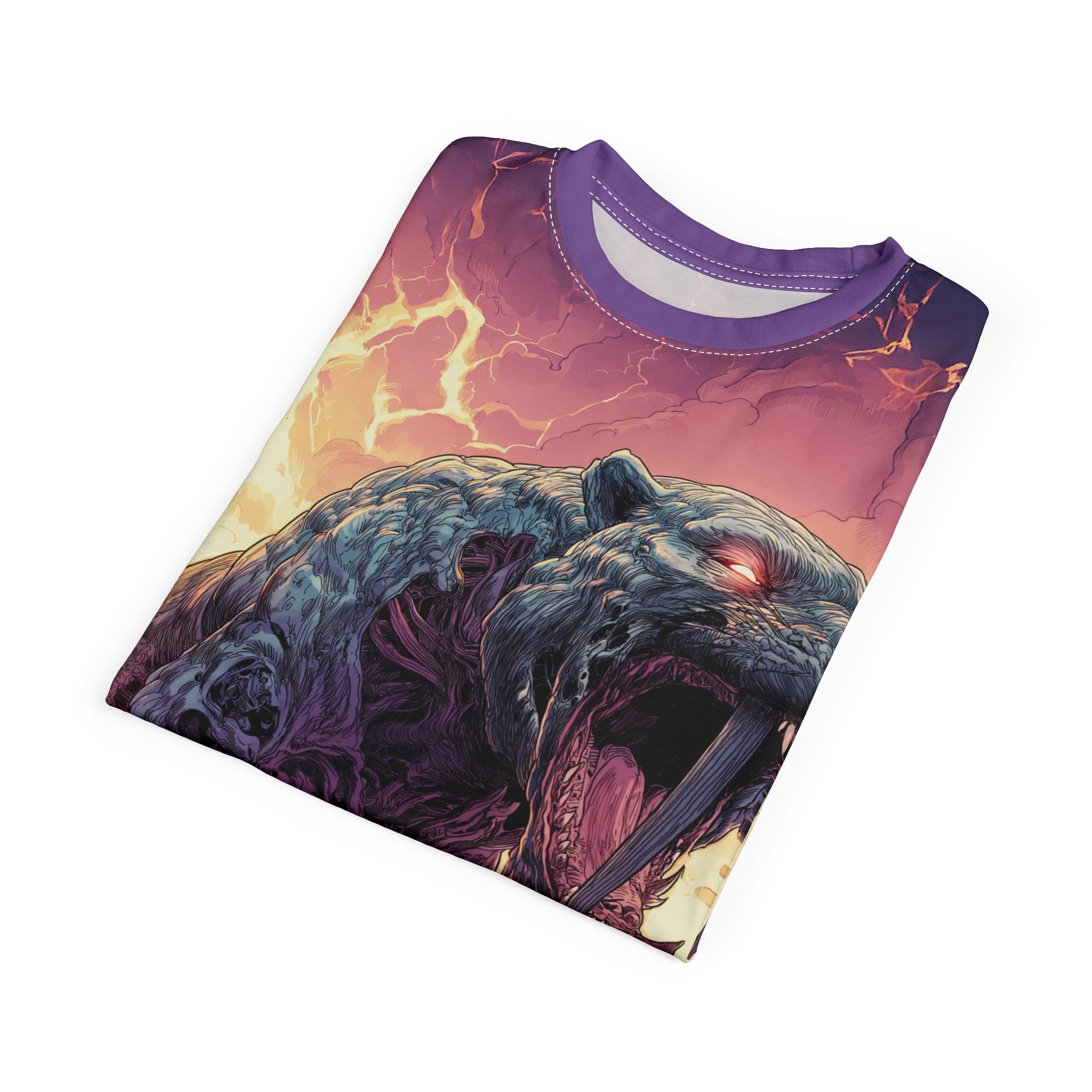 Zombie Smilodon Sabretooth Cat In Volcanic Wasteland Tee Unisex (AOP) - Image 40