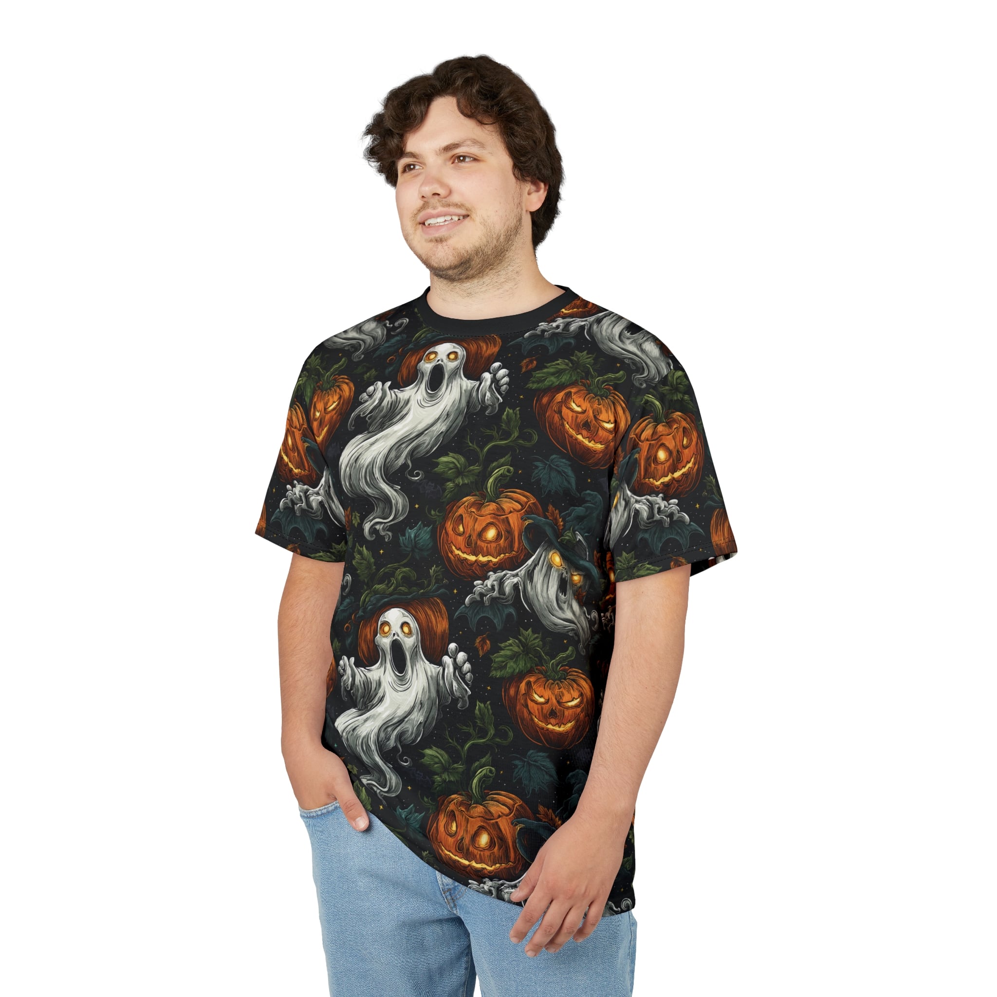Halloween Ghosts & Pumpkins Pattern 1 Unisex Cut & Sew Tee (AOP) - Image 2