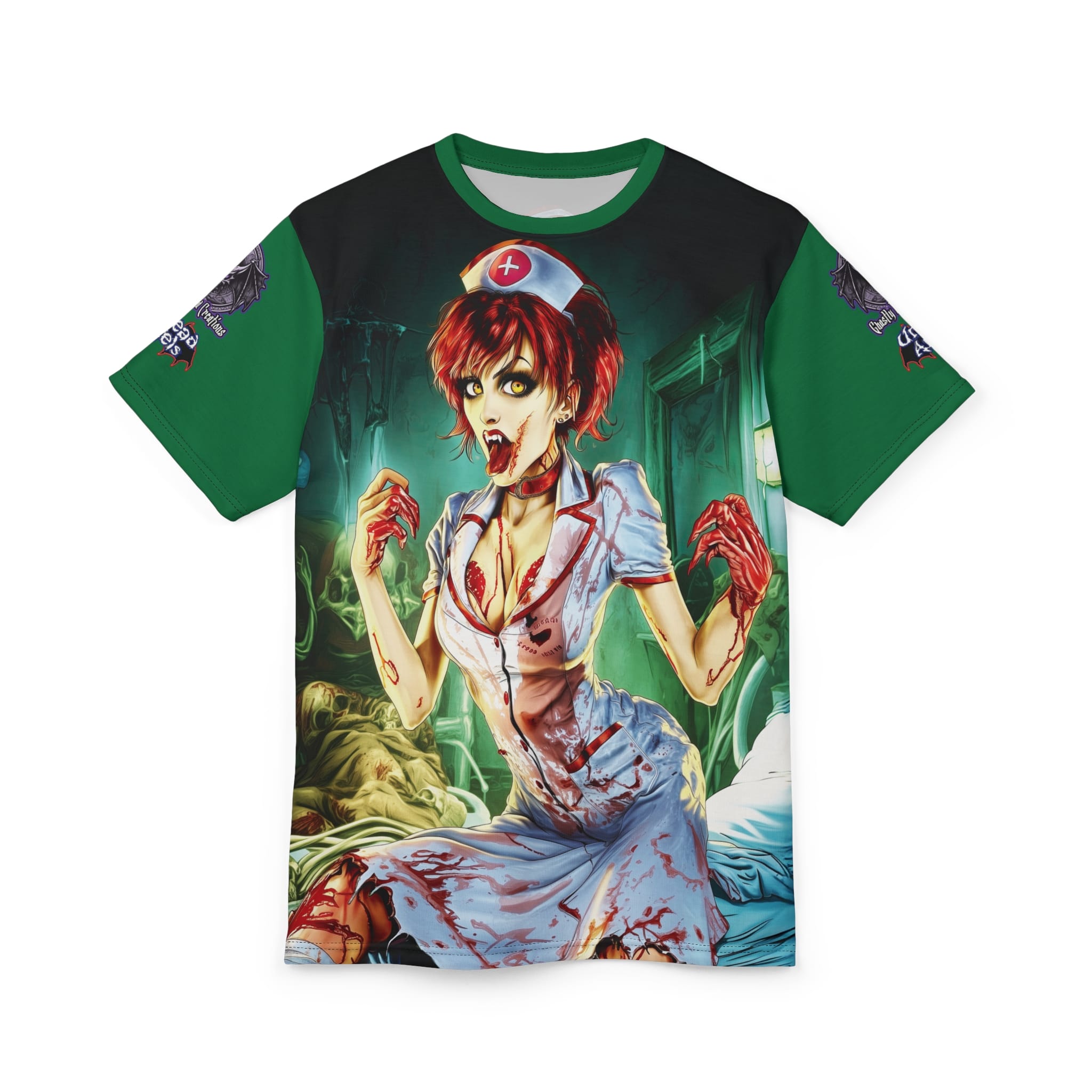 Undead Angels Zombie Nurse Abigail Reborn Style BZ-DS Unisex Cut & Sew Tee (AOP) Green - Image 6