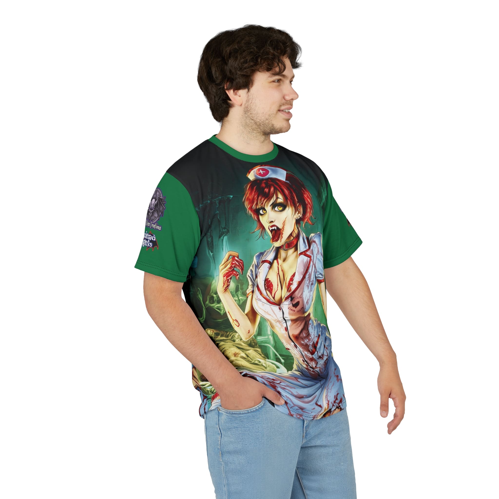 Undead Angels Zombie Nurse Abigail Reborn Style BZ-DS Unisex Cut & Sew Tee (AOP) Green - Image 16
